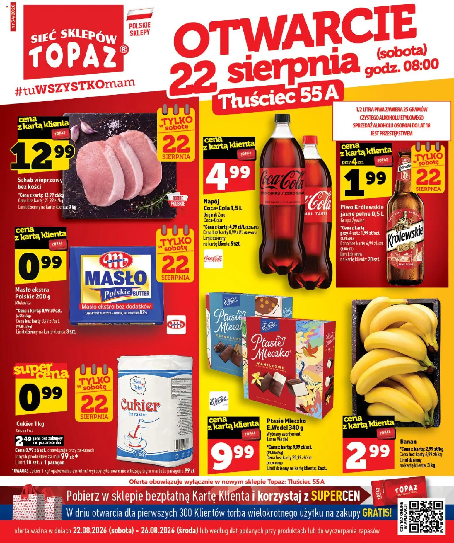 Topaz gazetka - Otwarcie Tłuściec od 22.08.2026 | Strona: 1 | Produkty: Schab, Masło, Piwo Królewskie, Banan