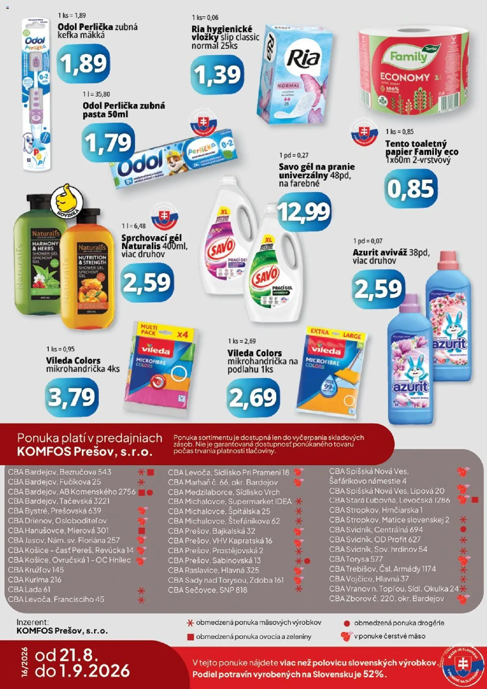 Nové CBA Komfos akcie – leták je platný od 21.08.2026 | Strana: 16 | Produkty: Savo, Gél na pranie, Zubná pasta, Aviváž