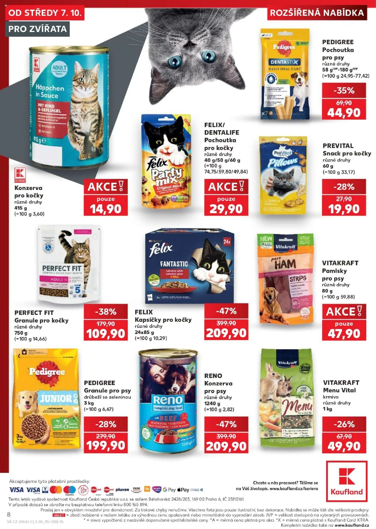 Kaufland leták - Praha 8 od 07.10.2026 | Strana: 8 | Produkty: Pedigree, Granule pro kočky, Konzerva pro psy, Body