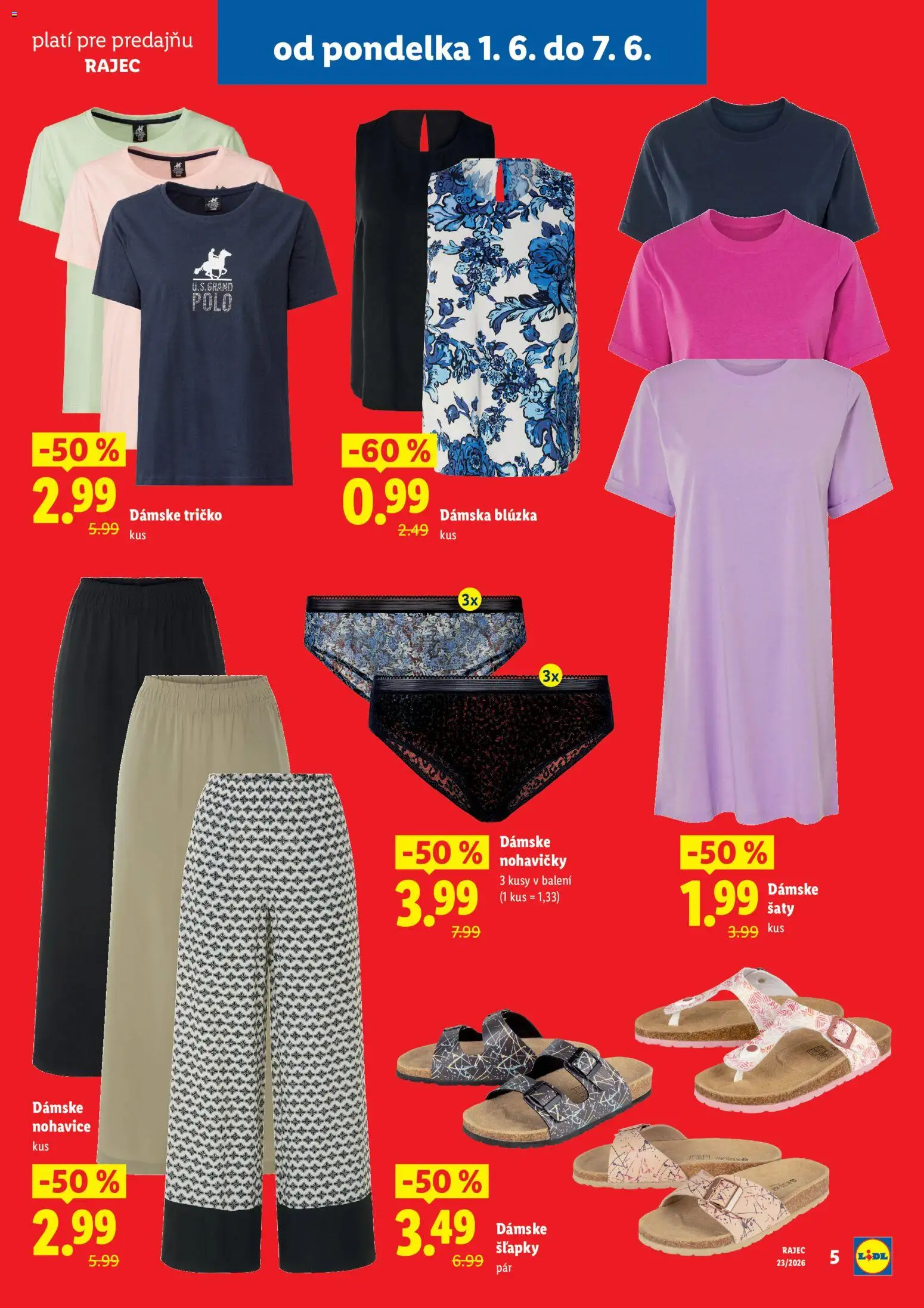 Nové Lidl akcie – leták je platný od 01.06.2026 | Strana: 5 | Produkty: Rajec, Tričko, Nohavičky, Šľapky