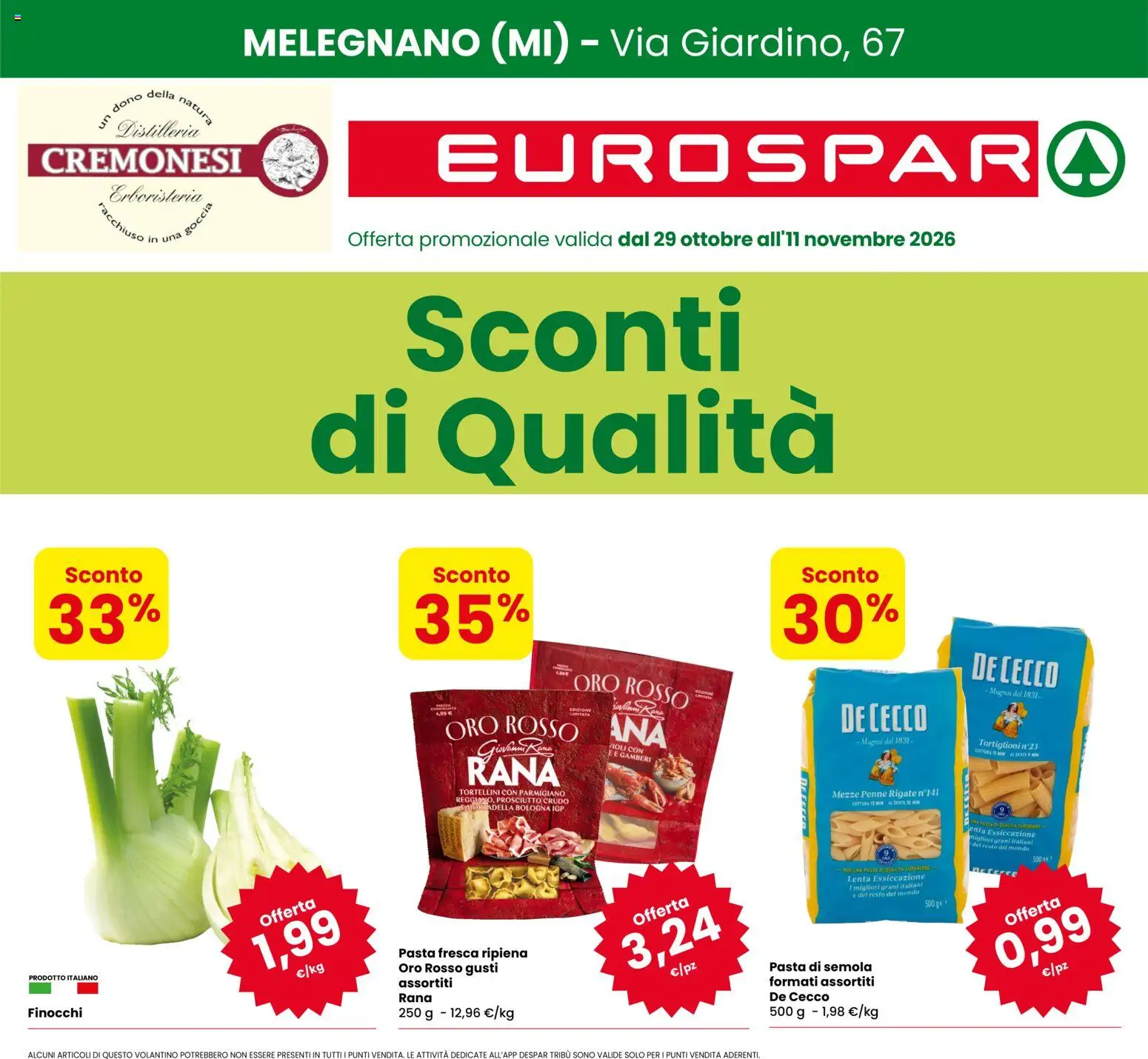 Volantino Eurospar del 29/10/2026 | Pagina: 1 | Prodotti: De Cecco, Prosciutto, Semola, Penne