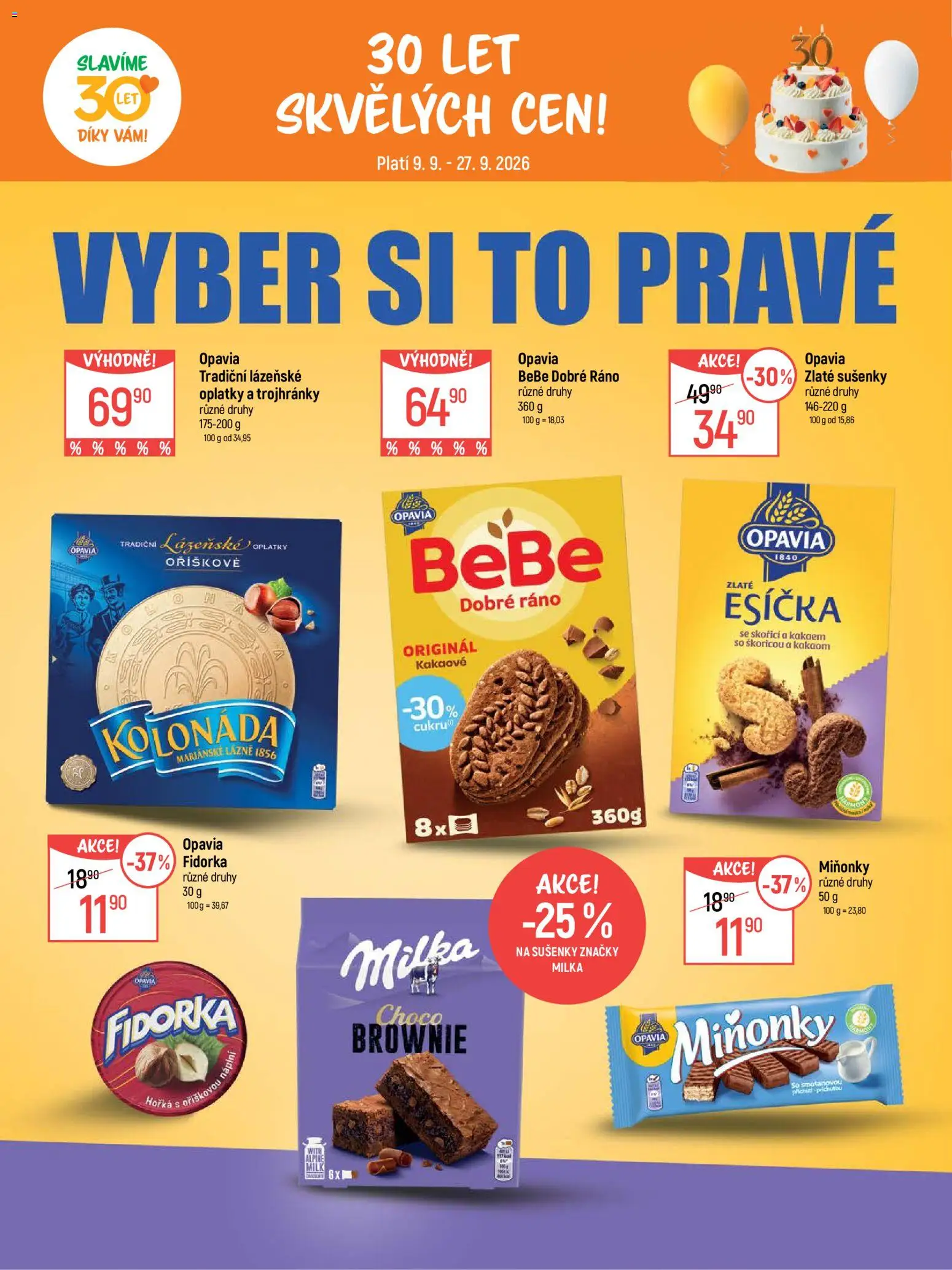 Globus leták - Pomáháme 30 let od 09.09.2026 | Strana: 13 | Produkty: Milka, Lázeňské oplatky, Sušenky, Fidorka
