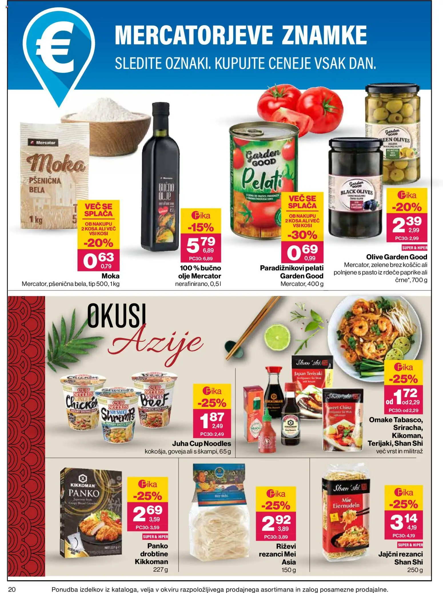 Novi Mercator katalog ponudbe – veljaven od 20.08.2026 | Stran: 20 | Izdelki: Omake, Rezanci, Bučno olje, Olive