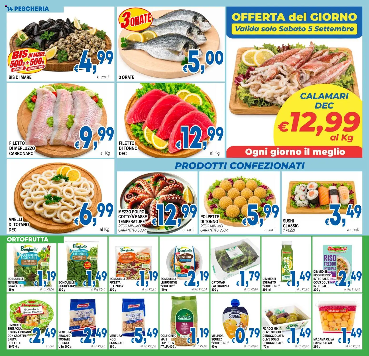 Volantino DEM del 02/09/2026 | Pagina: 14 | Prodotti: Rucola, Merluzzo, Calamari, Sushi