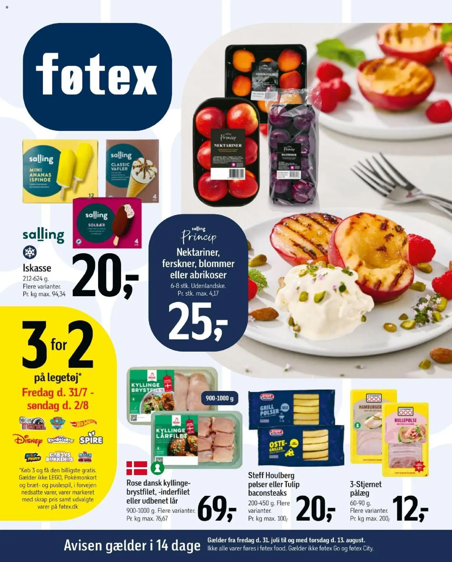 Føtex tilbudsavis – gyldig fra 31/07/2026 | Side: 1 | Produkter: Pølser, Pålæg, Rullepølse, Nektariner