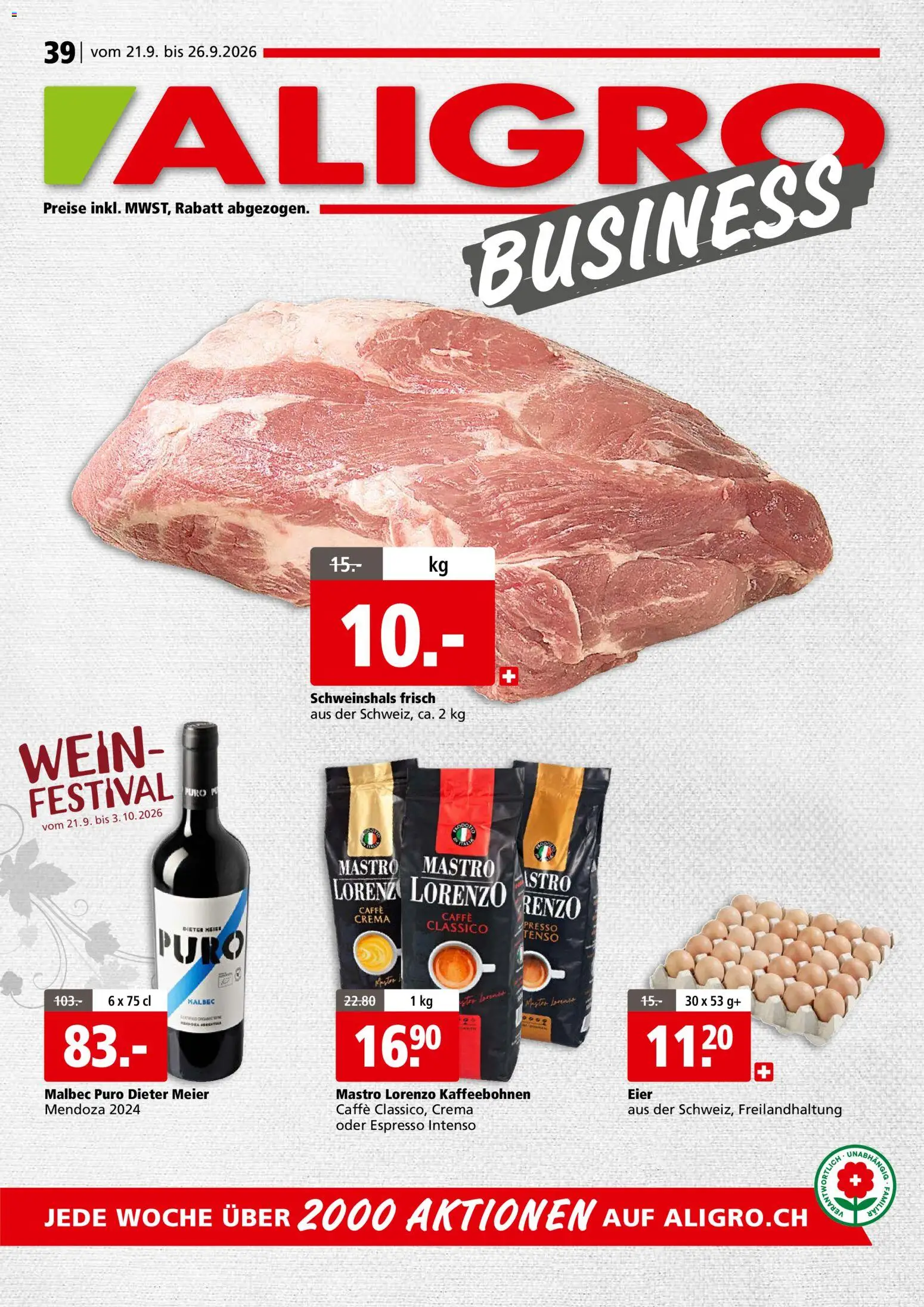Aligro aktionen Business Schlieren, Gossau SG, Frauenfeld, Rapperswil-Jona, Sargans, Bern – gültig ab 21.09.2026 | Seite: 1