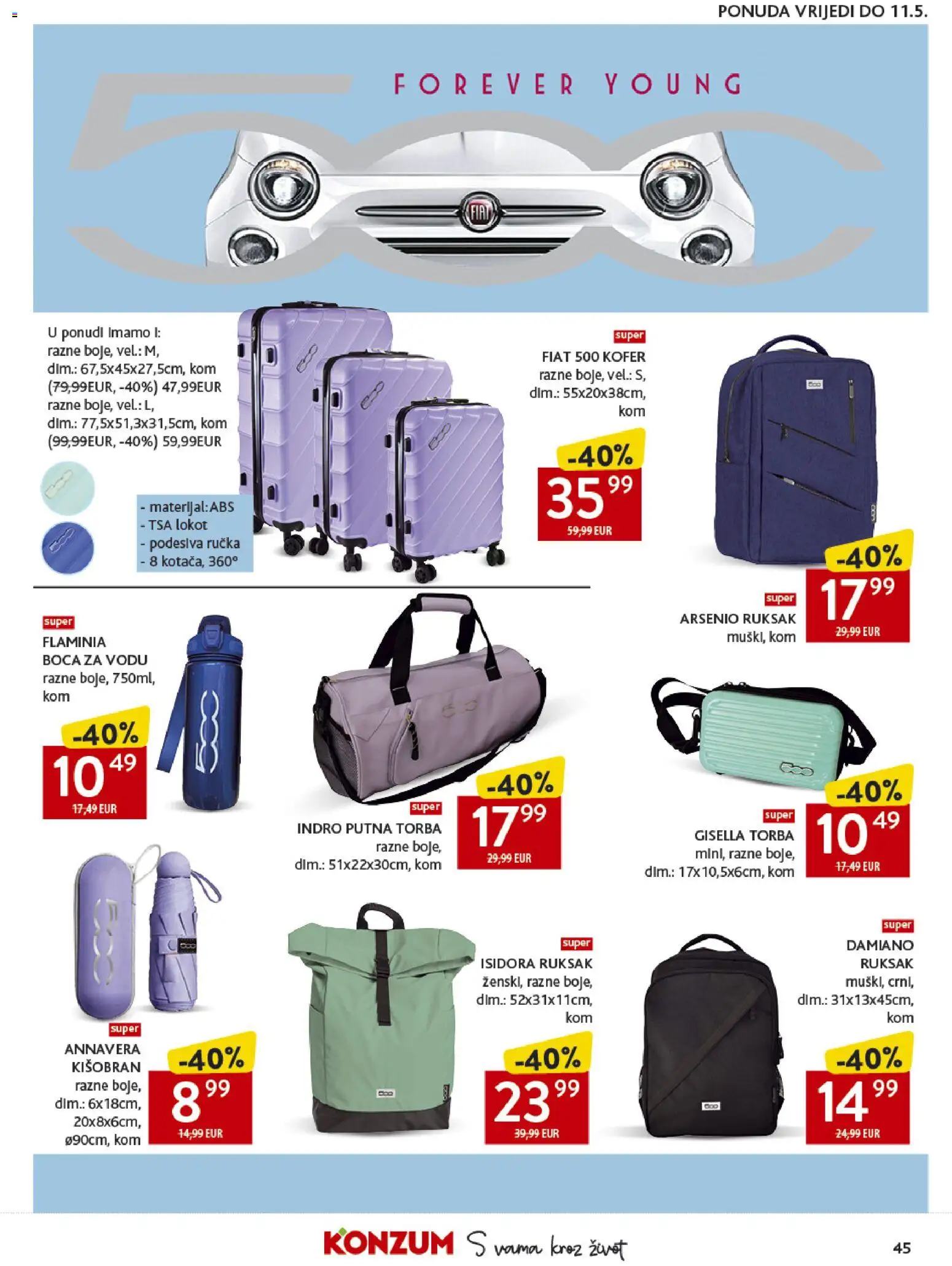 Konzum katalog | vrijedi od 15.04.2026 | Stranica: 45 | Proizvodi: Ruksak, Putna torba, Kišobran, Boca za vodu
