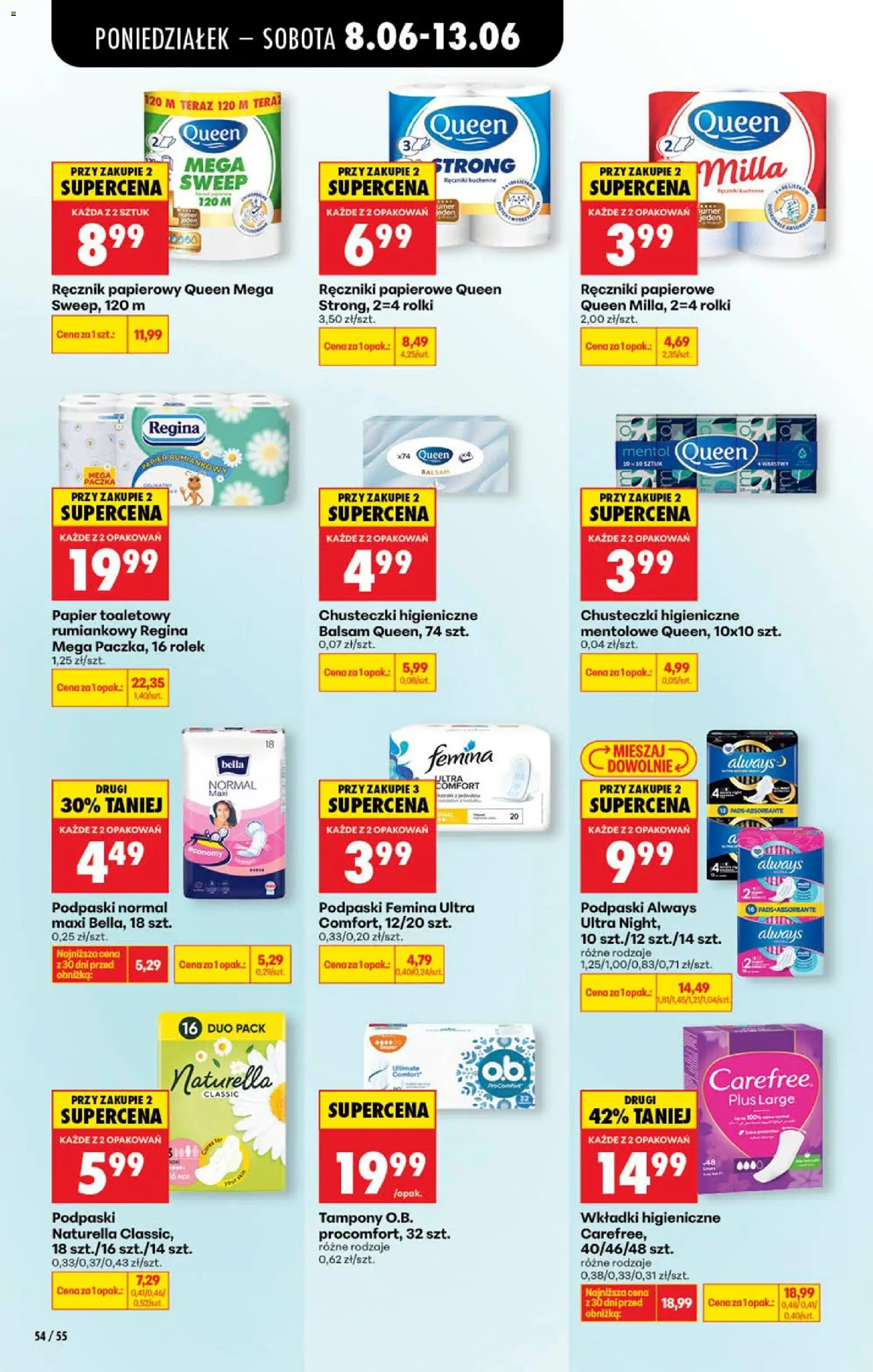Biedronka gazetka od poniedziałku od 08.06.2026 | Strona: 74 | Produkty: Podpaski always, Chusteczki higieniczne, Podpaski femina, Ręcznik papierowy
