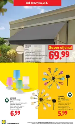 LIVARNO Tenda, Komad. Montaža bez bušenja zahvaljujući podesivim stupovima na napon. Prilagodljiva visina od 220 do 310 cm. Podesiv nagib pomoću praktične odvojive ručice. Kvalitetno platno s premazom koji odbija vodu i prljavštinu te pruža visoku UV zaštitu. Izvlačenje: maks. 150 cm. Dimenzije: cca 300x220-310 cm - Pregled kataloga iz trgovine Lidl, vrijedi od 11.05.2026 | Stranica: 12 | Proizvodi: Tenda, Baterije