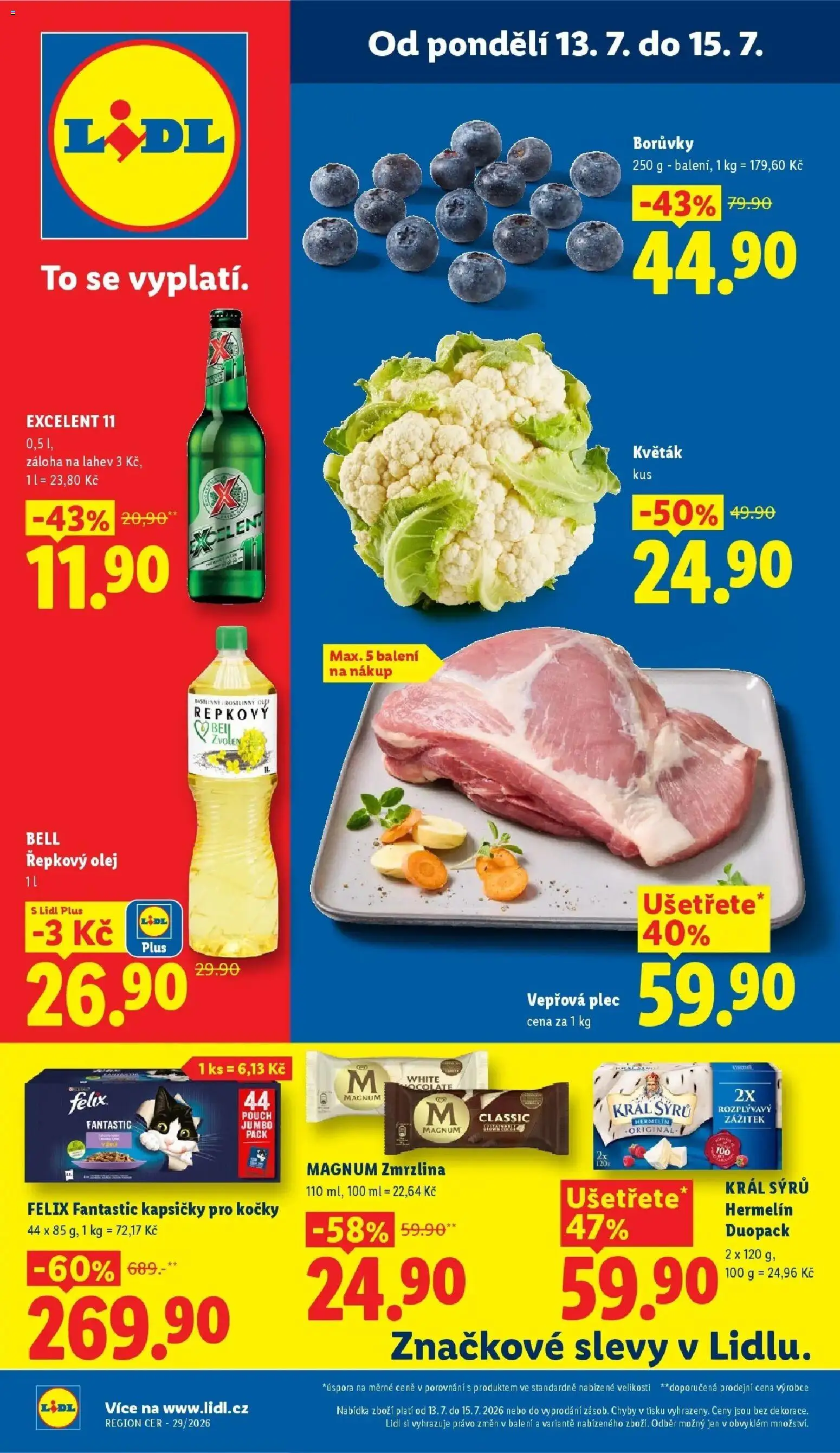 Lidl aktuální leták od 13.07.2026 | Strana: 1 | Produkty: Květák, Kapsičky pro kočky, Borůvky, Vepřová plec