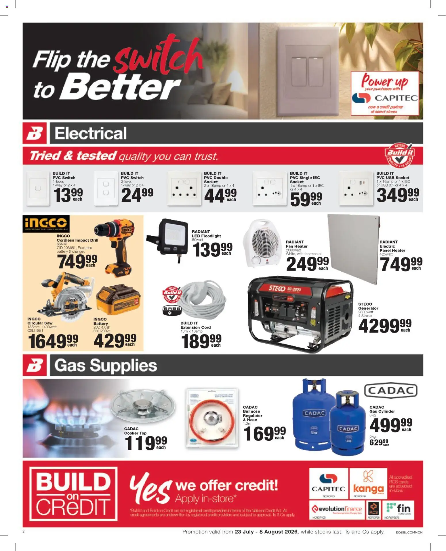 New Build It catalogue – valid from 23/07/2026 | Page: 2 | Products: USB, Fan heater, Drill, Switch
