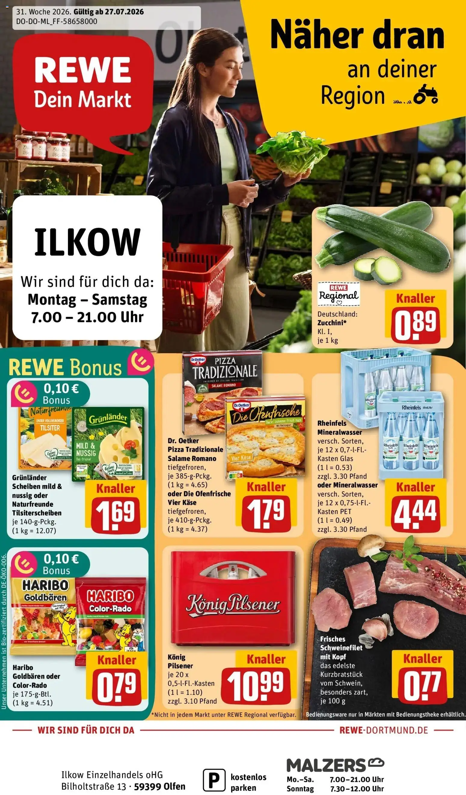 Rewe Prospekt Olfen – gültig ab 27.07.2026 | Seite: 1 | Produkte: Haribo, Käse, Pizza, Uhr
