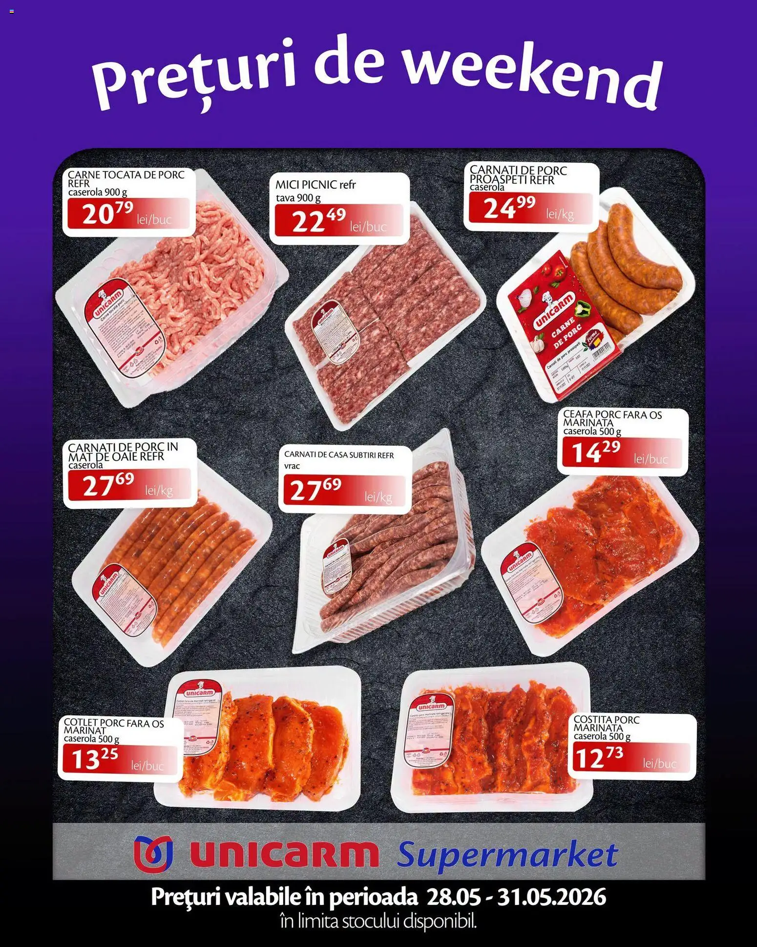 Noul catalog Unicarm – valabil de la 28.05.2026 | Pagină: 2 | Produse: Cotlet porc, Mici, Carne tocată, Cârnați
