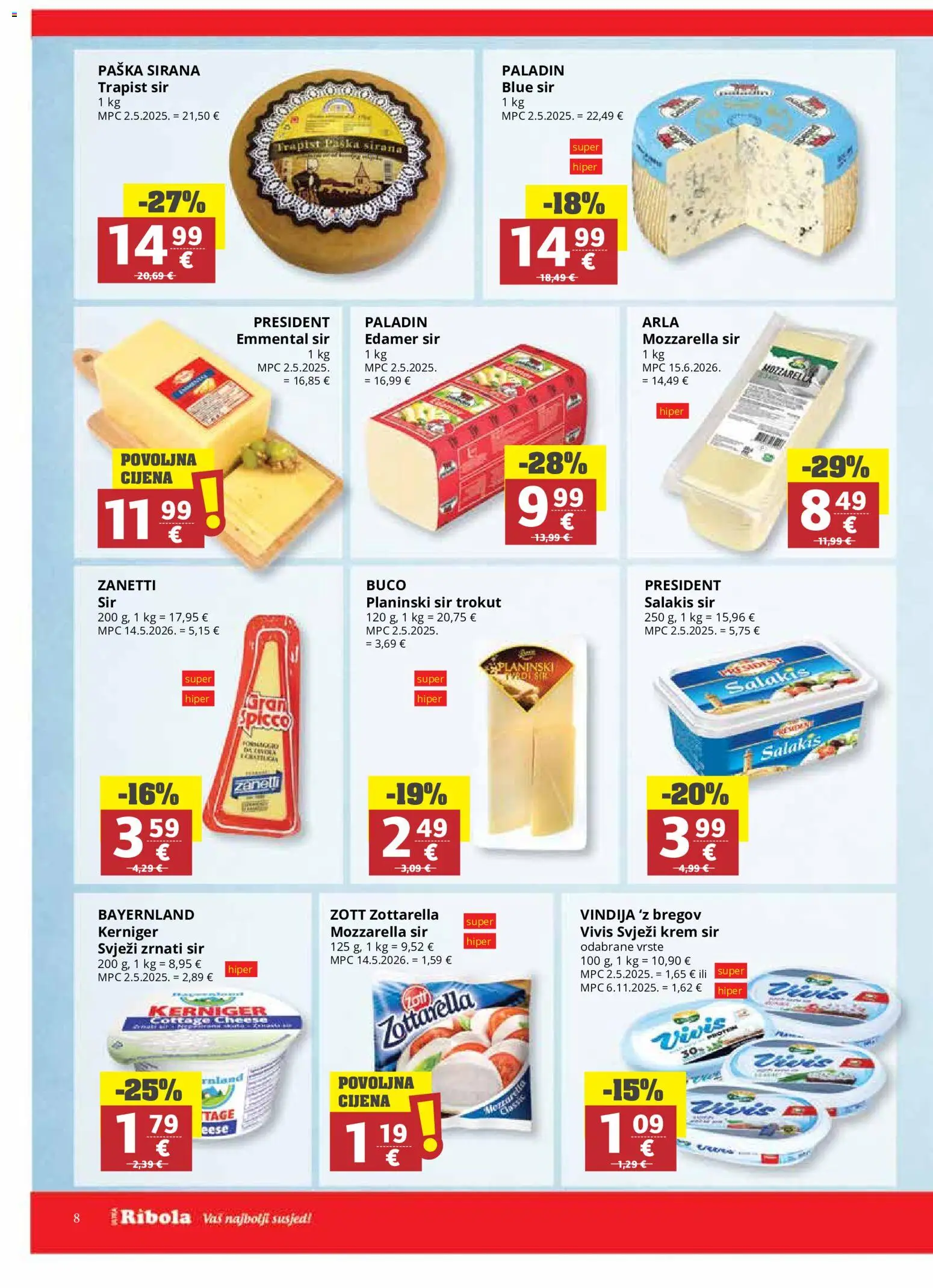 Ribola katalog | vrijedi od 08.07.2026 | Stranica: 8 | Proizvodi: Vindija, Krem sir, Mozzarella, Trapist