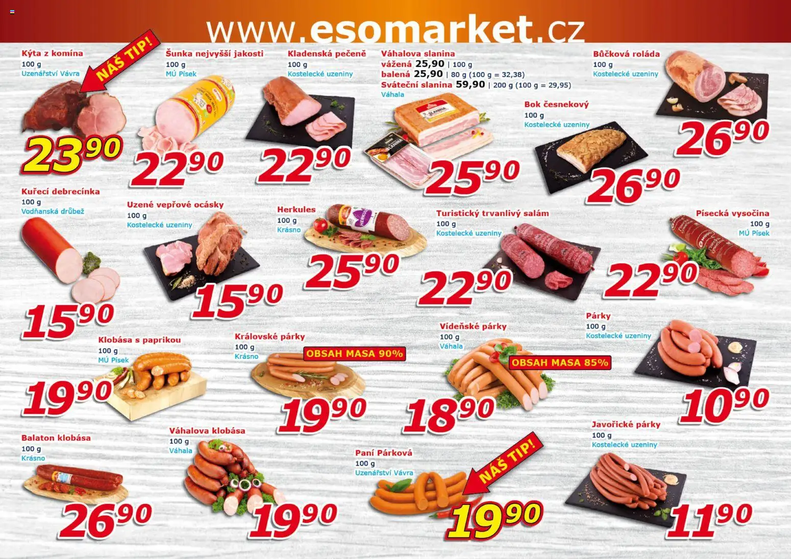 Eso market leták od 14.10.2026 | Strana: 2 | Produkty: Salám, Kuřecí debrecínka, Kýta, Slanina