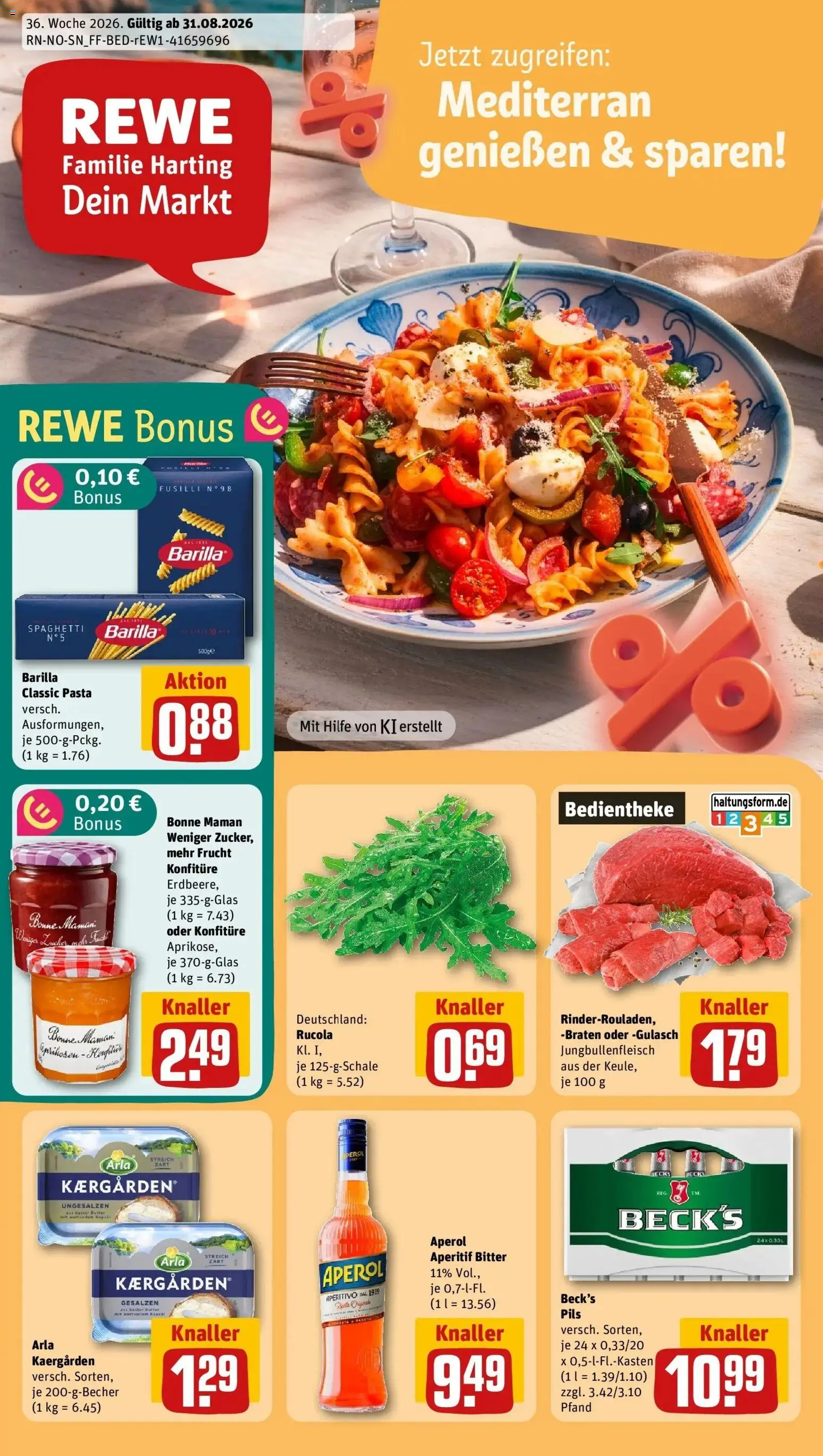REWE Prospekt ab 31.08.2026 zum Blättern » Angebote | Seite: 1 | Produkte: Spaghetti, Rucola, Gulasch, Aperol