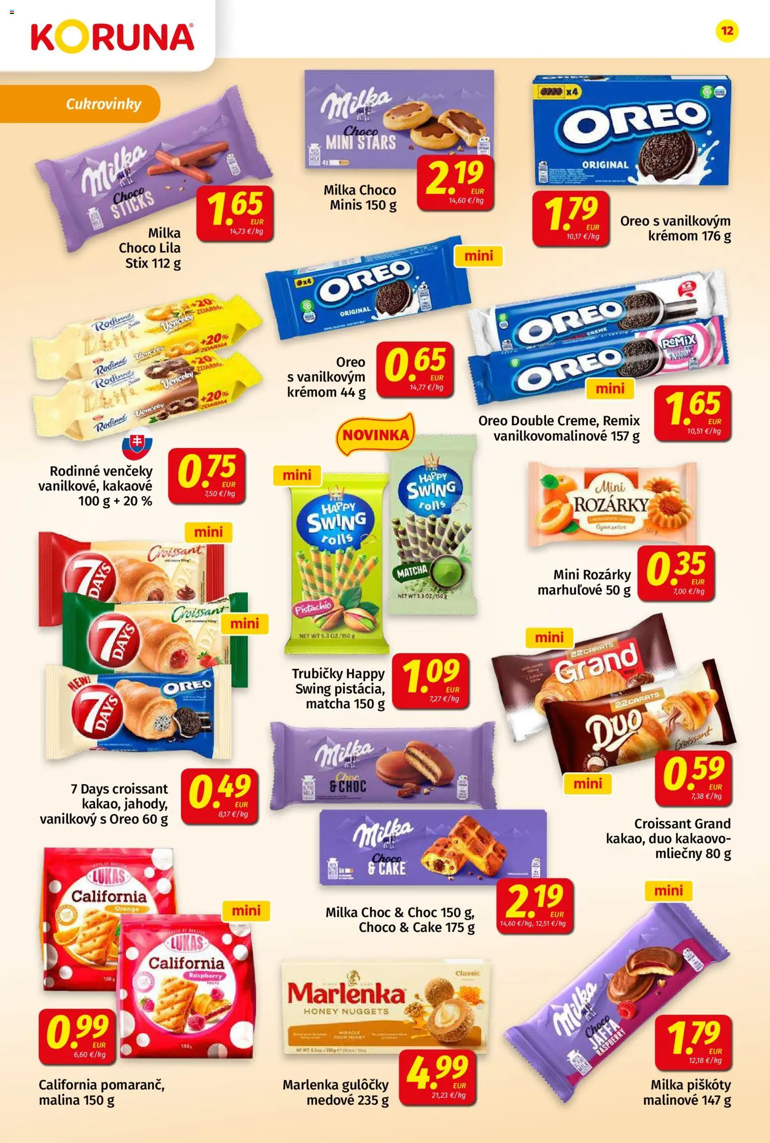Nové Koruna akcie – leták je platný od 08.05.2026 | Strana: 12 | Produkty: Croissant, Marlenka, Milka