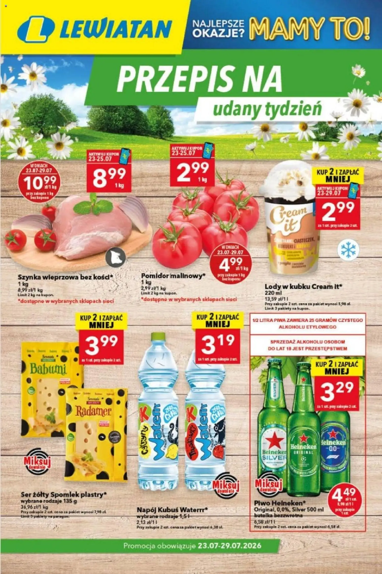 Lewiatan gazetka - Przepis na udany tydzień od 23.07.2026 | Strona: 1 | Produkty: Szynka wieprzowa, Szynka, Ser, Piwo
