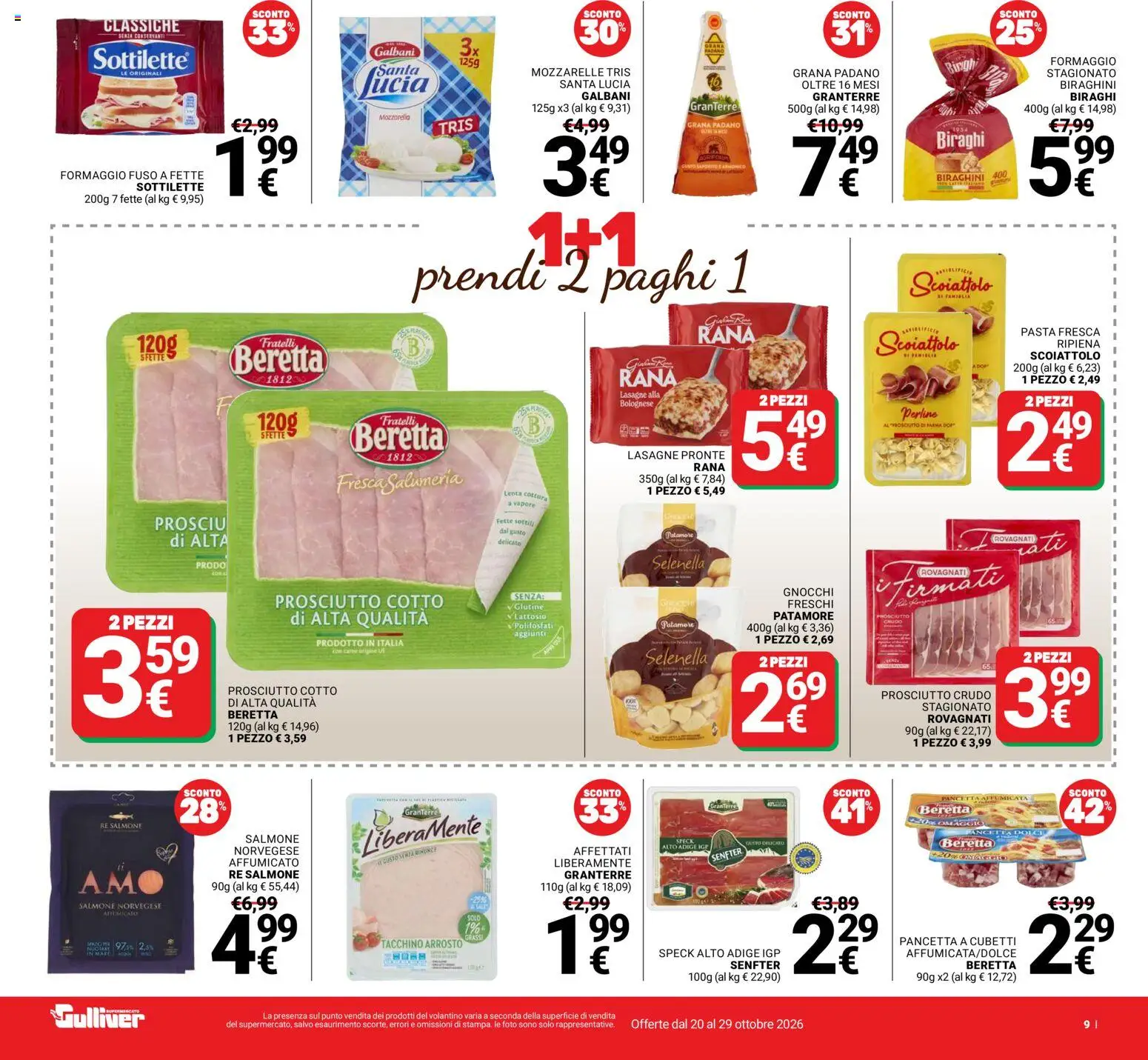 Volantino Gulliver del 20/10/2026 | Pagina: 9 | Prodotti: Prosciutto di Parma, Salmone, Grana Padano, Lasagne