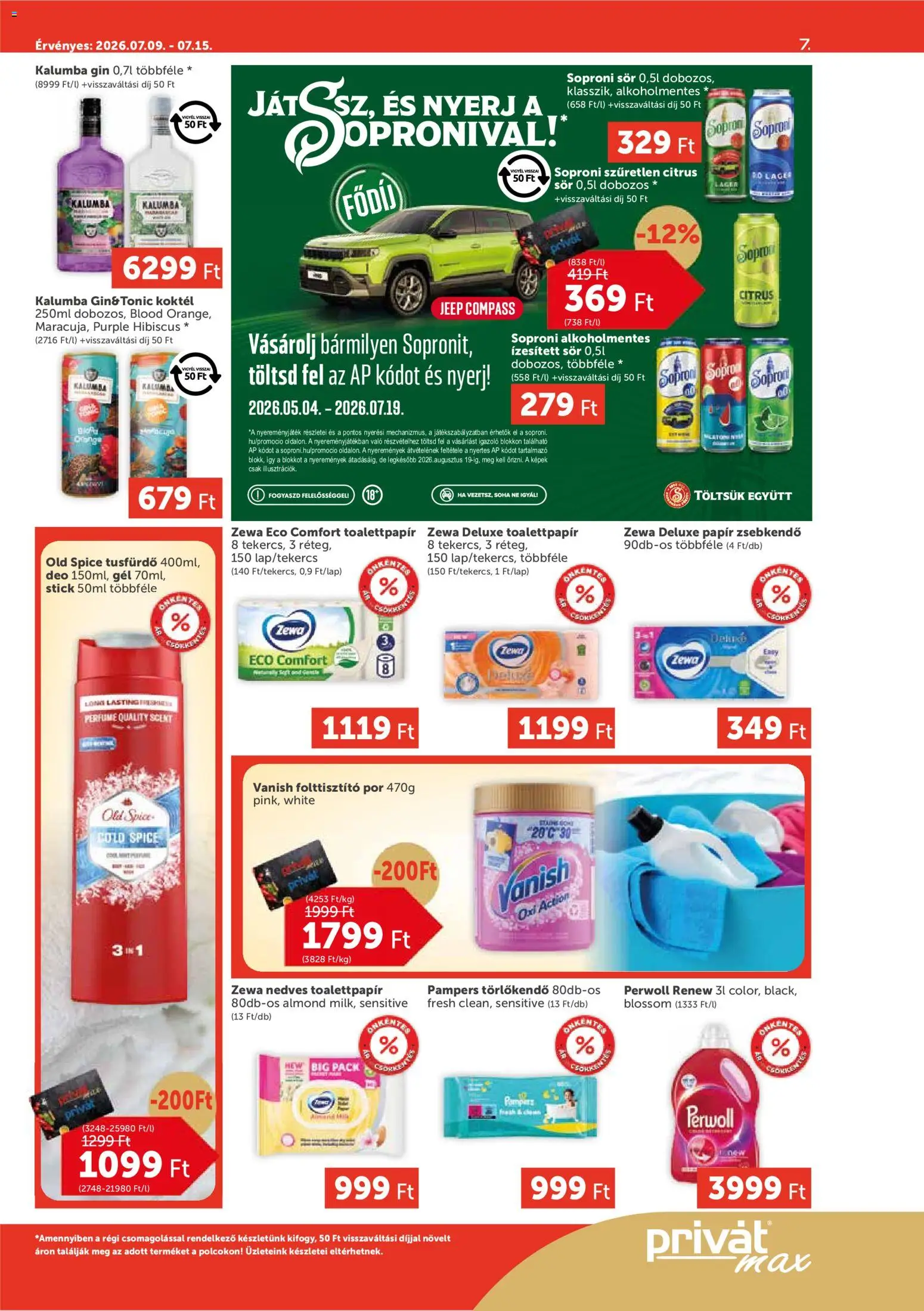 PRIVÁT akciós ujság - amely érvényes a következő dátumtól: 2026.07.09. | Oldal: 7 | Termékek: Tonic, Pampers, Perwoll, Gin