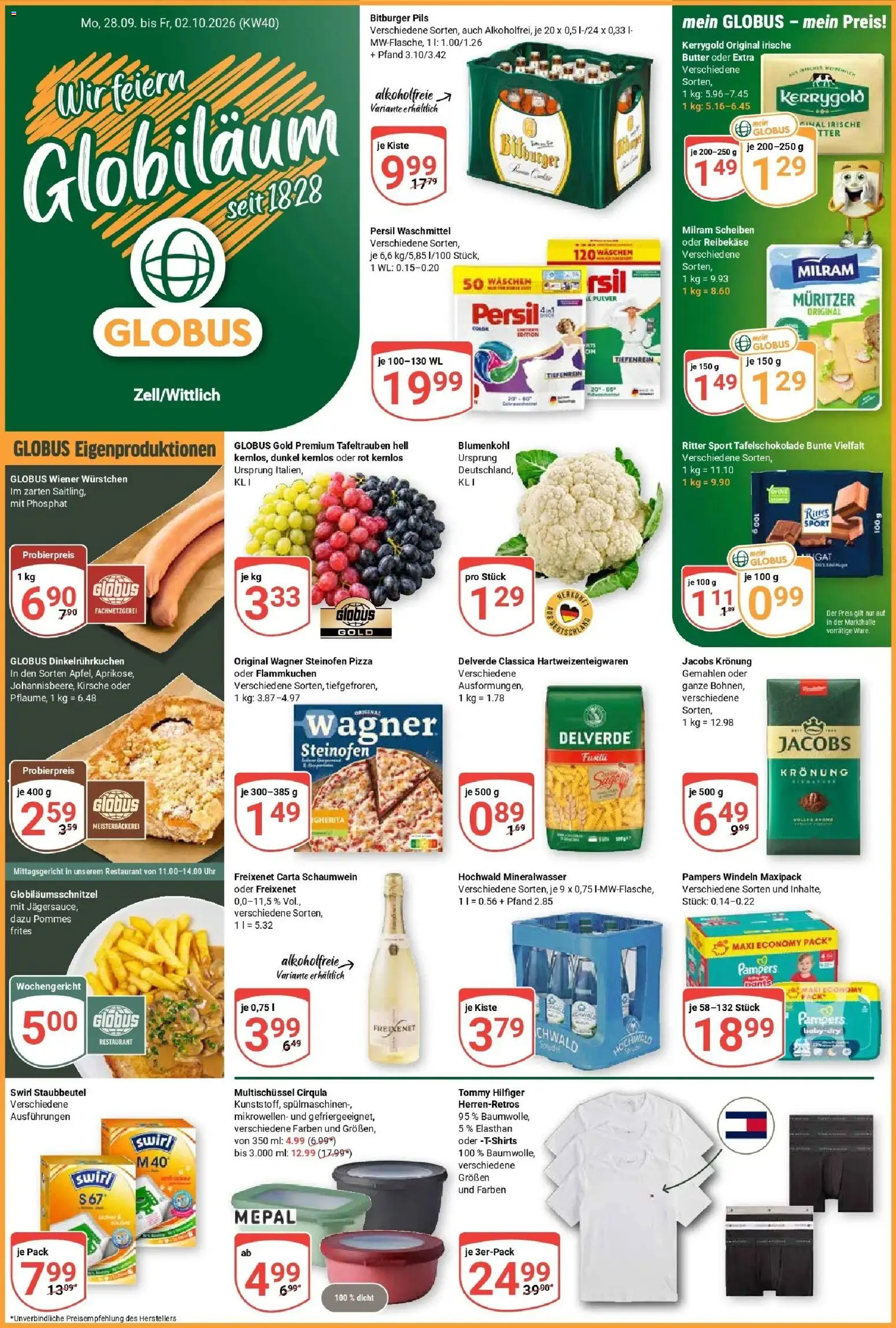 Globus Prospekt Wittlich (ab 28.09.2026) » Angebote online | Seite: 1 | Produkte: Bitburger, Butter, Milram, Blumenkohl