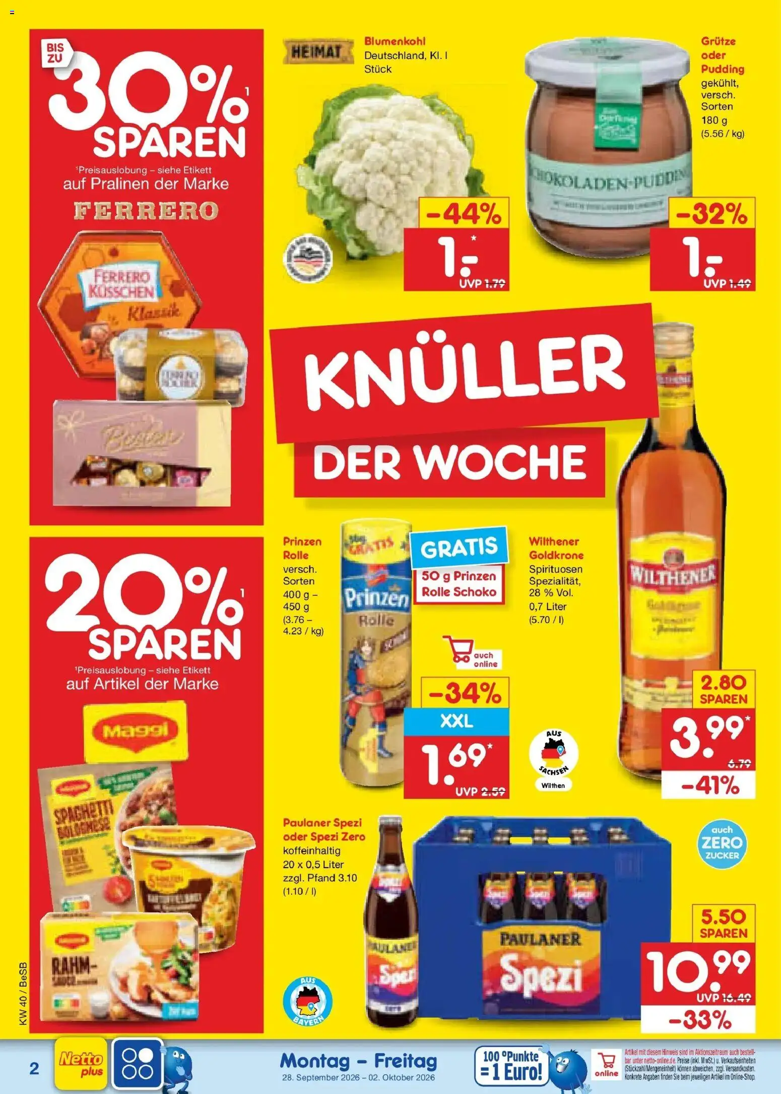 Netto Marken-Discount Prospekt Kremmen – gültig ab 28.09.2026 | Seite: 2 | Produkte: Wilthener, Spaghetti, Zucker, Blumenkohl