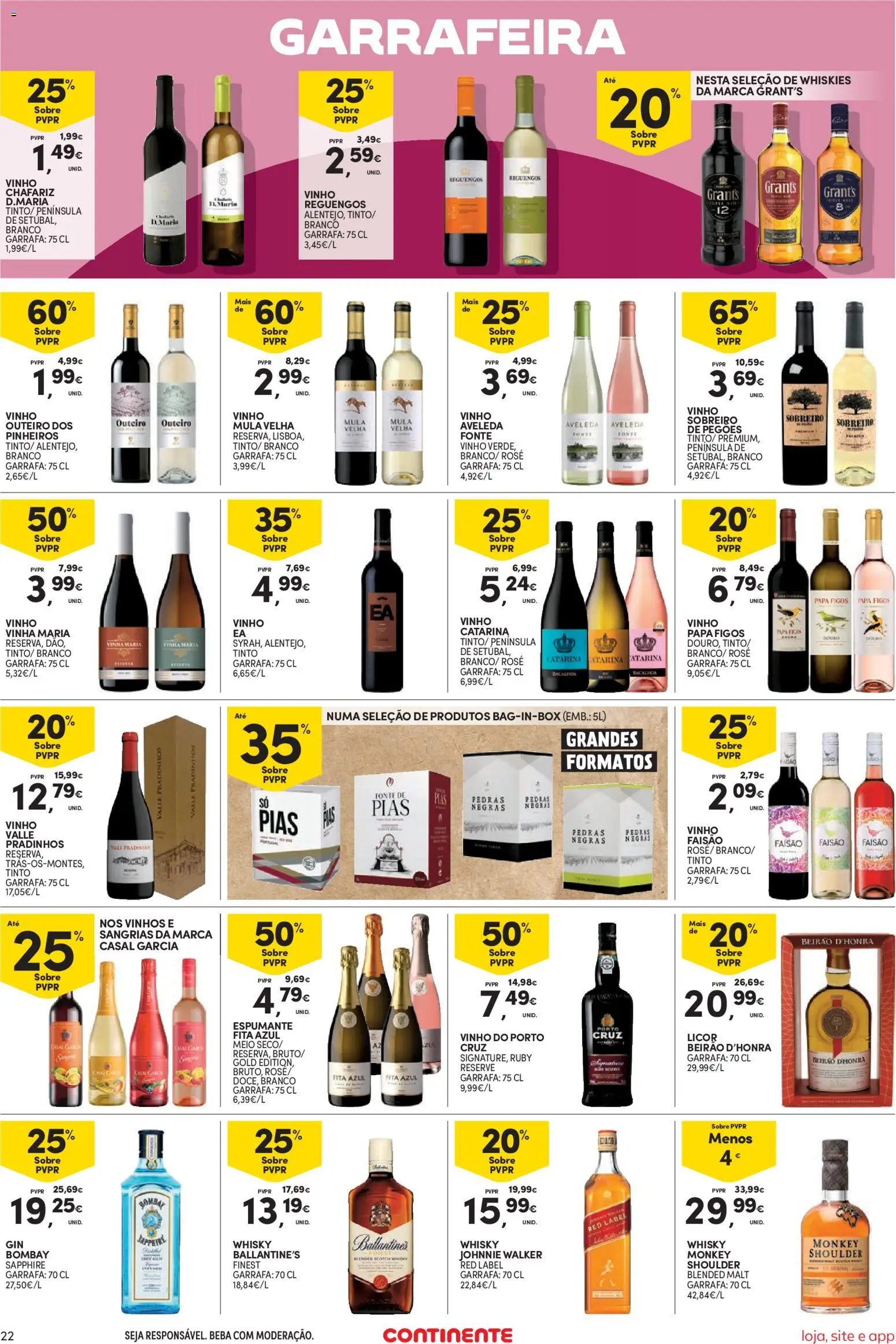 Continente Semanal Continente Bom Dia │ válido de 26.05.2026 | Página: 22 | Produtos: Whisky, Licor, Vinho, Gin