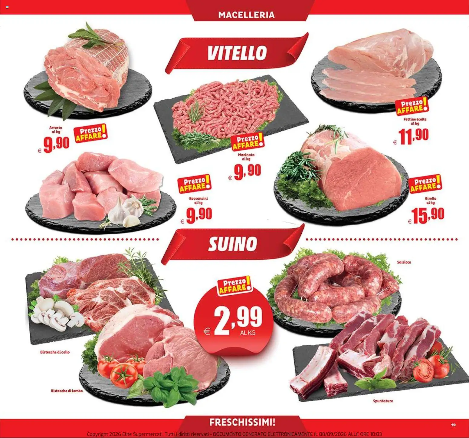 Volantino Elite Supermercati del 10/09/2026 | Pagina: 19 | Prodotti: Arrosto, Suino, Girello, Salsicce
