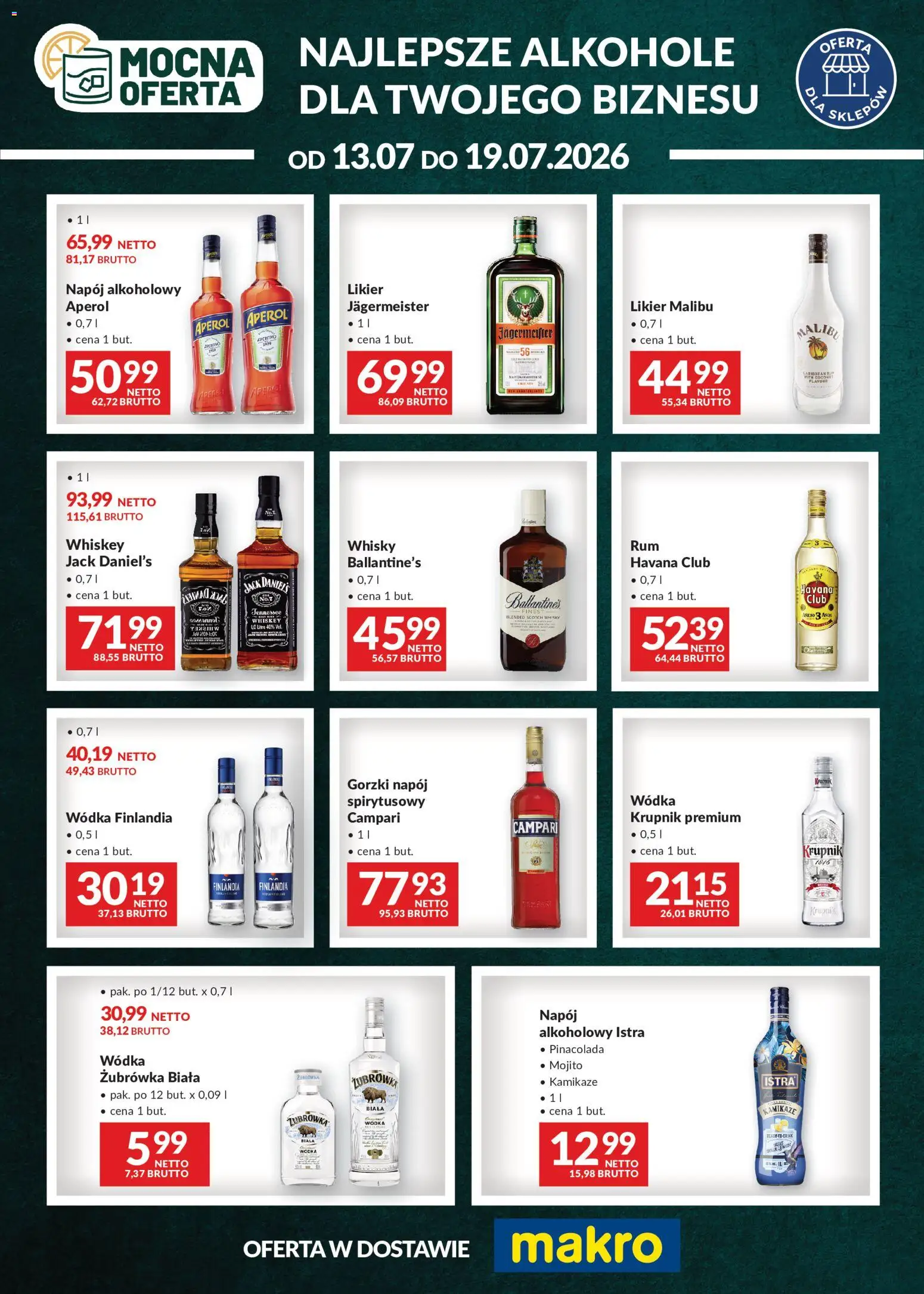 Makro gazetka - Mocna oferta od 13.07.2026 | Strona: 1 | Produkty: Żubrówka, Jagermeister, Whisky, Aperol