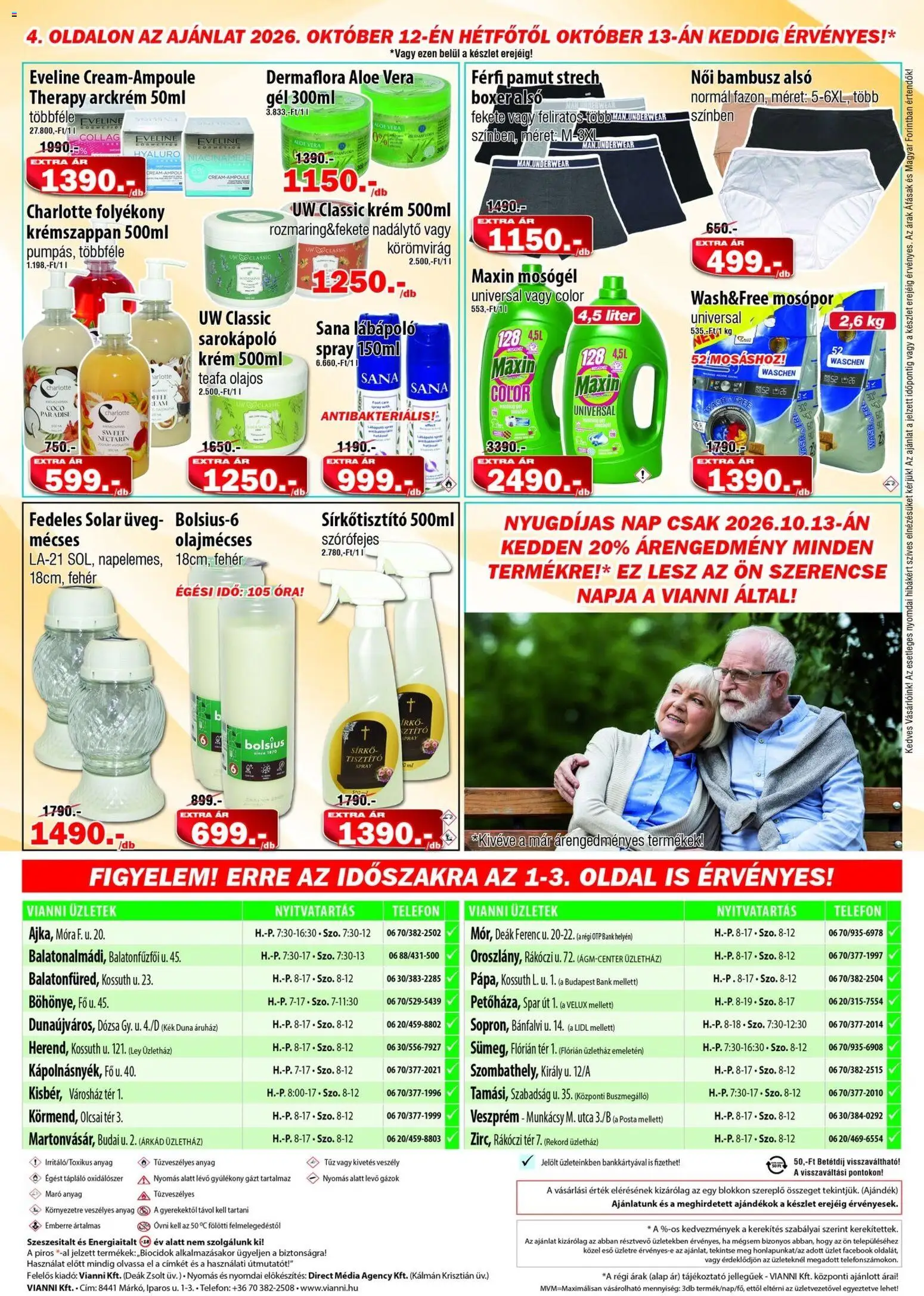 Vianni akciós ujság - amely érvényes a következő dátumtól: 2026.10.07. | Oldal: 4 | Termékek: Telefon, Krém, Mosópor, Gél