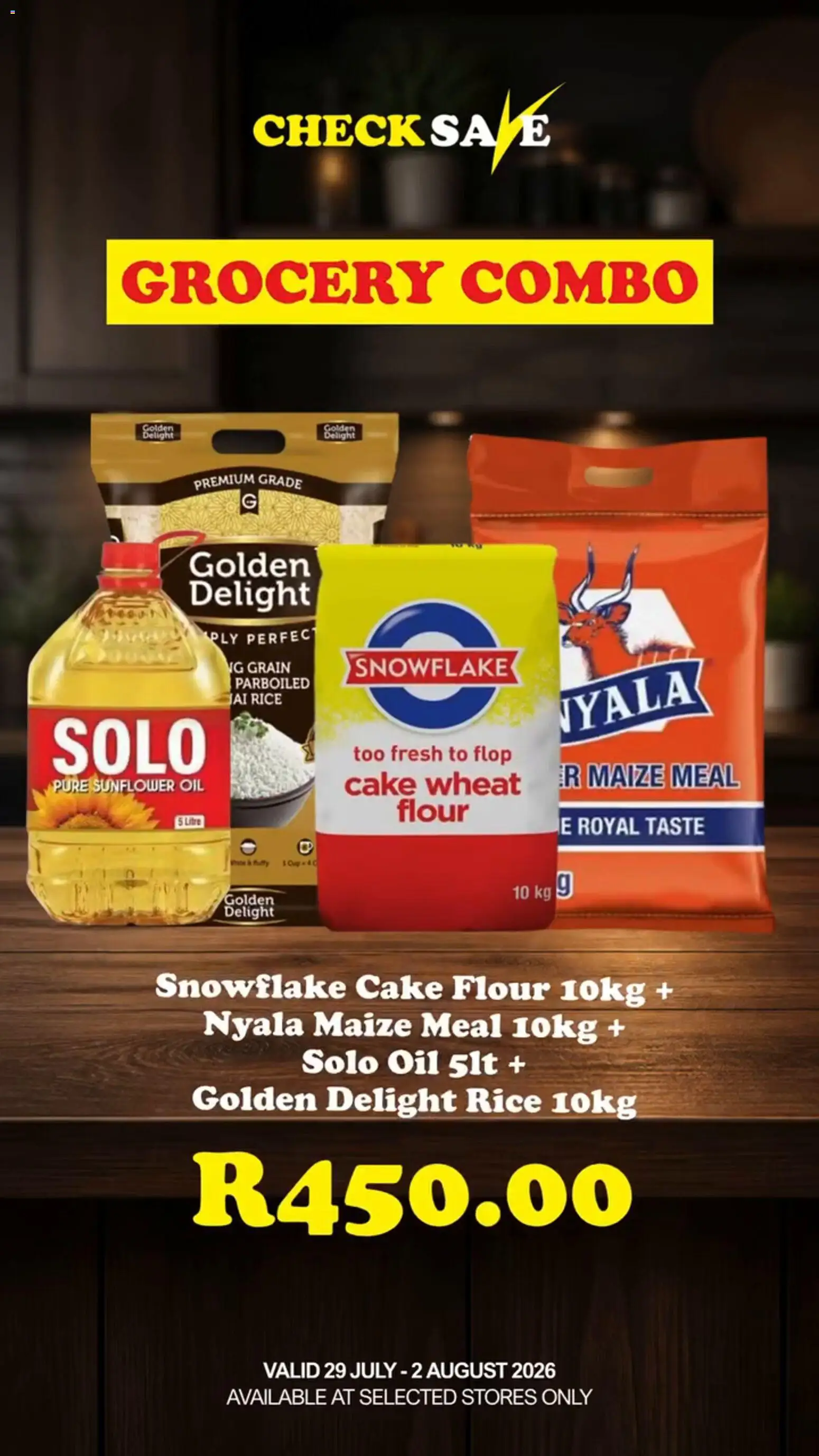 New Check Save catalogue – valid from 29/07/2026 | Page: 1 | Products: Cake, Flour, Oil, Rice