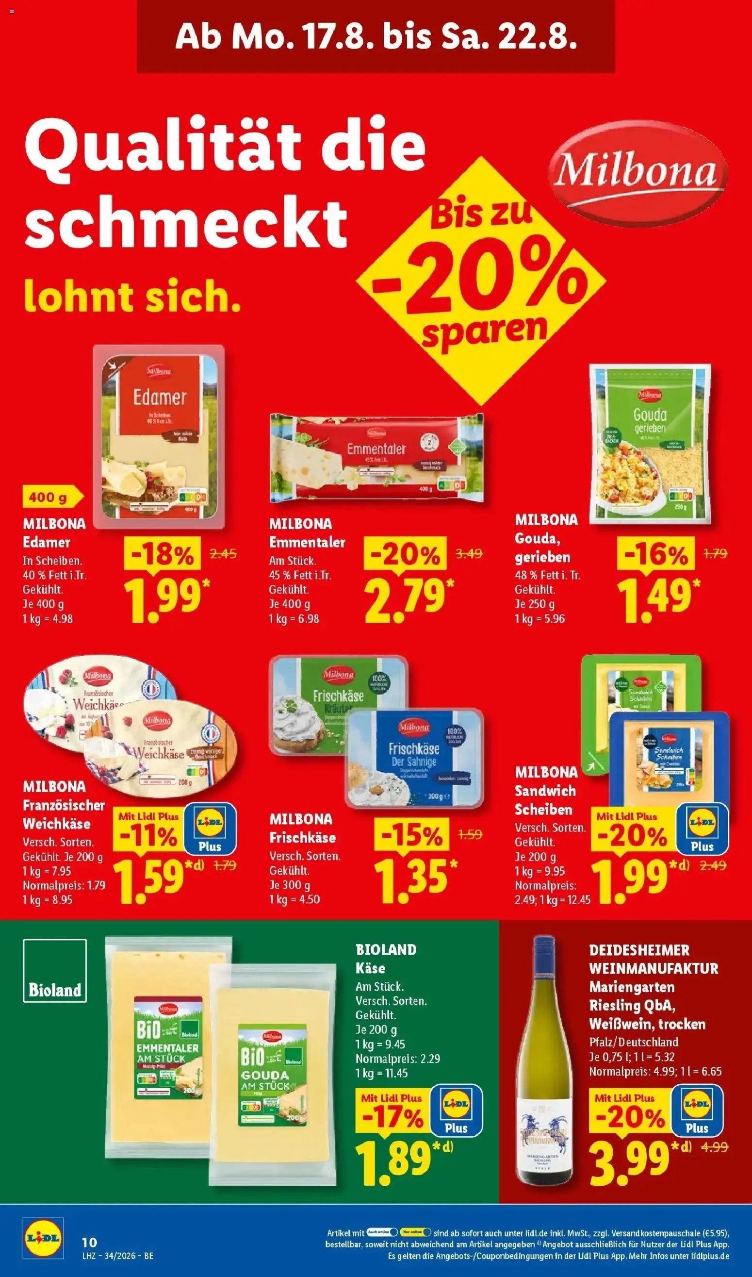 Lidl Prospekt Mahlow (ab 17.08.2026) zum Blättern » Angebote | Seite: 20 | Produkte: Käse, Gouda, Edamer, Frischkase