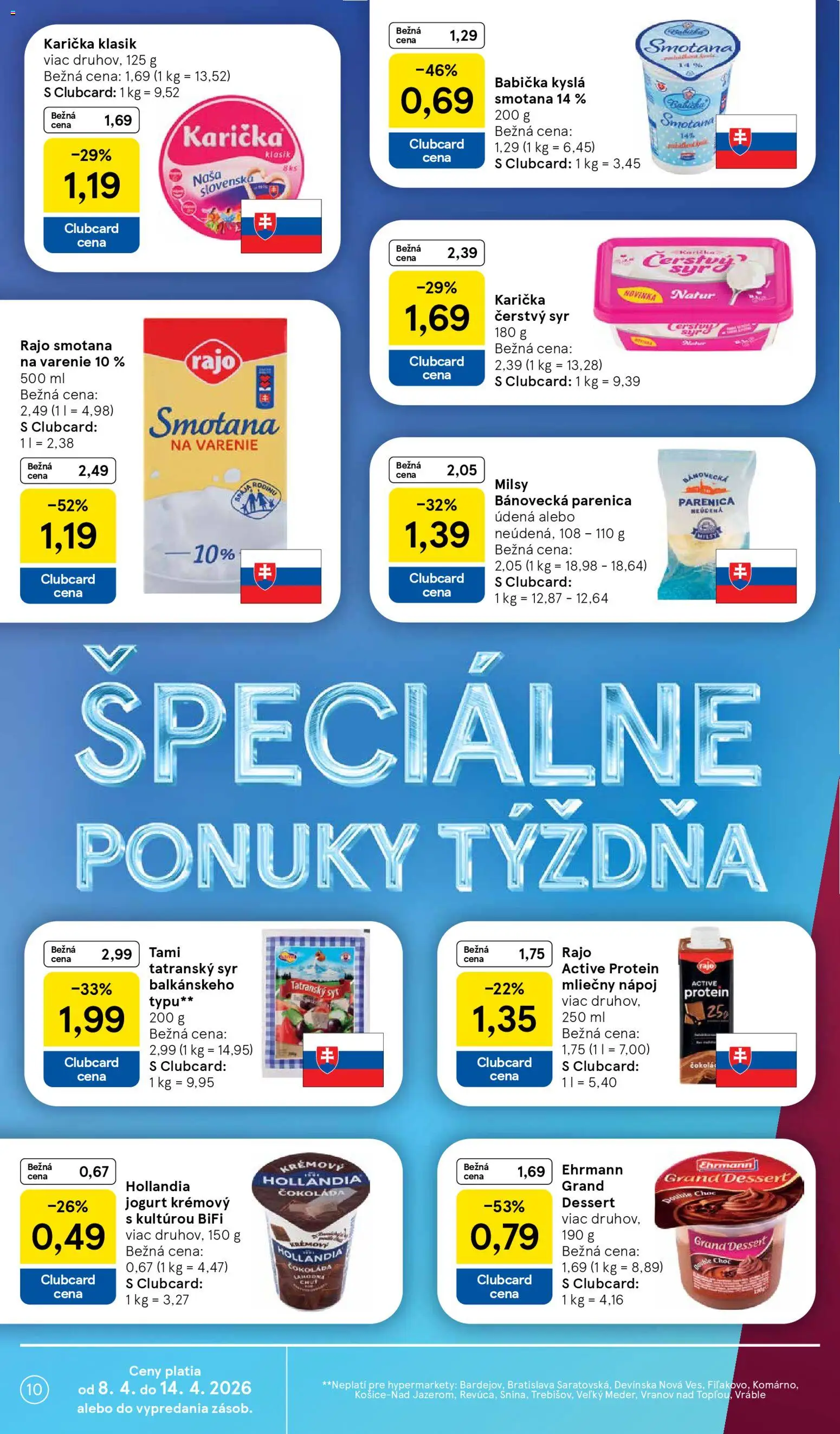 Nové Tesco akcie – leták je platný od 08.04.2026 | Strana: 10 | Produkty: Syr, Jogurt, Protein, Čokoláda