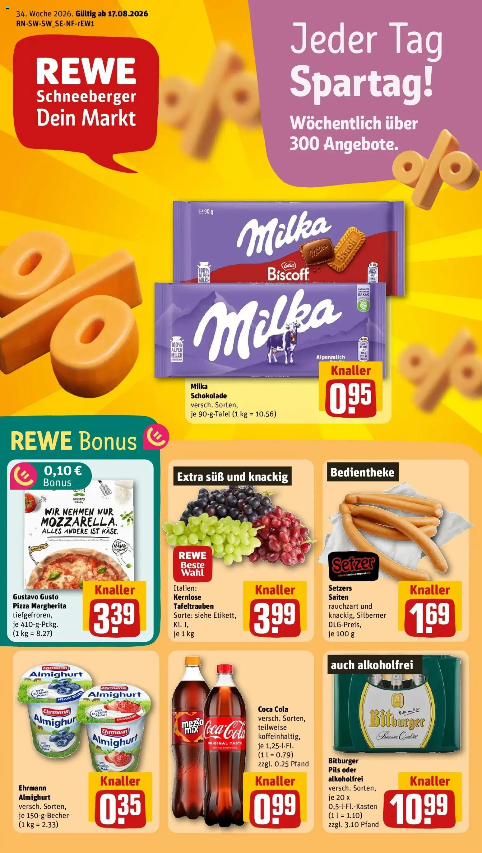 REWE Prospekt ab 17.08.2026 zum Blättern » Angebote | Seite: 1 | Produkte: Coca cola, Ehrmann almighurt, Pils, Milka