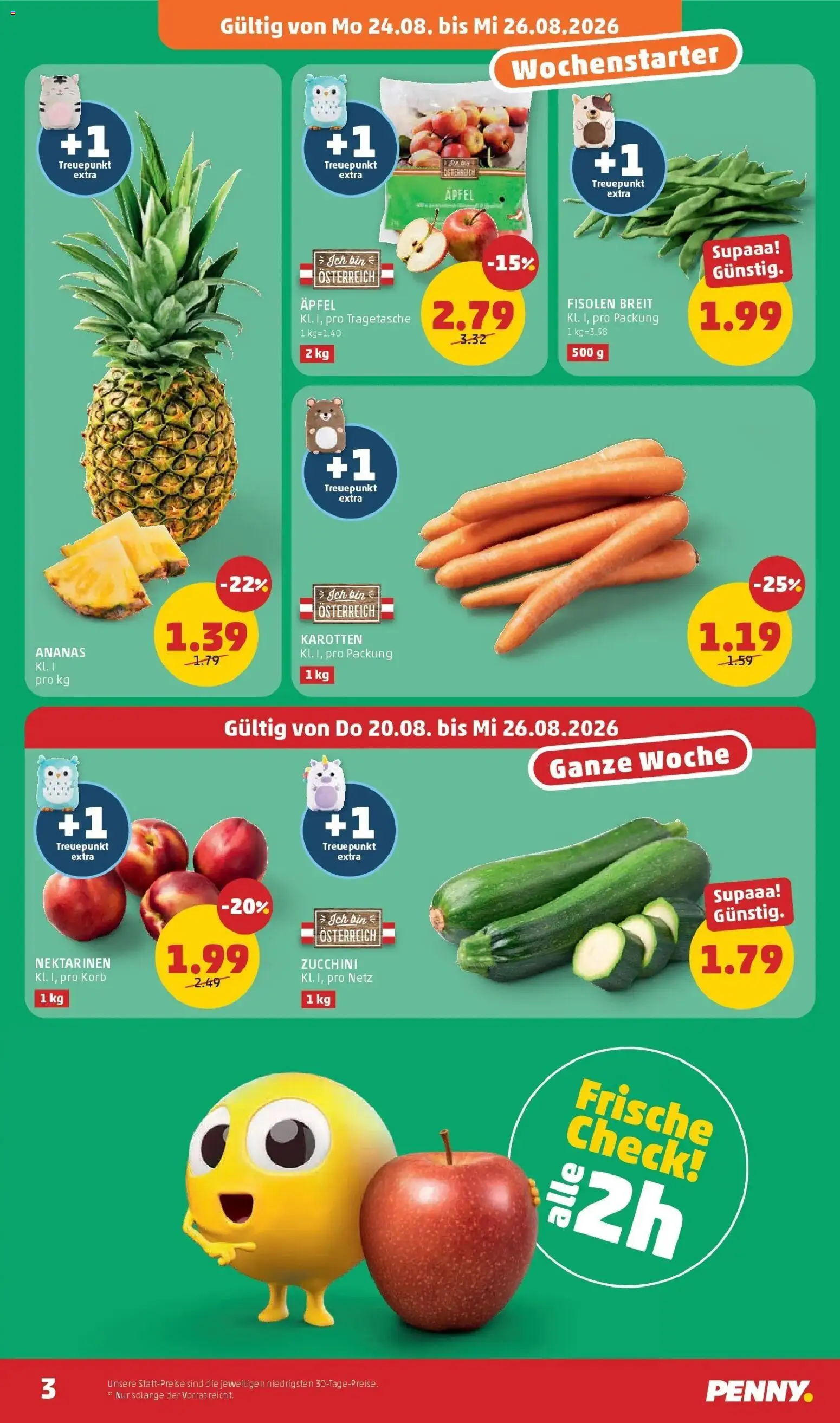 Penny Markt Die ganze Woche sparen ab (20.08.2026) - Angebote, Prospekt | Seite: 3 | Produkte: Korb, Zucchini, Äpfel, Ananas
