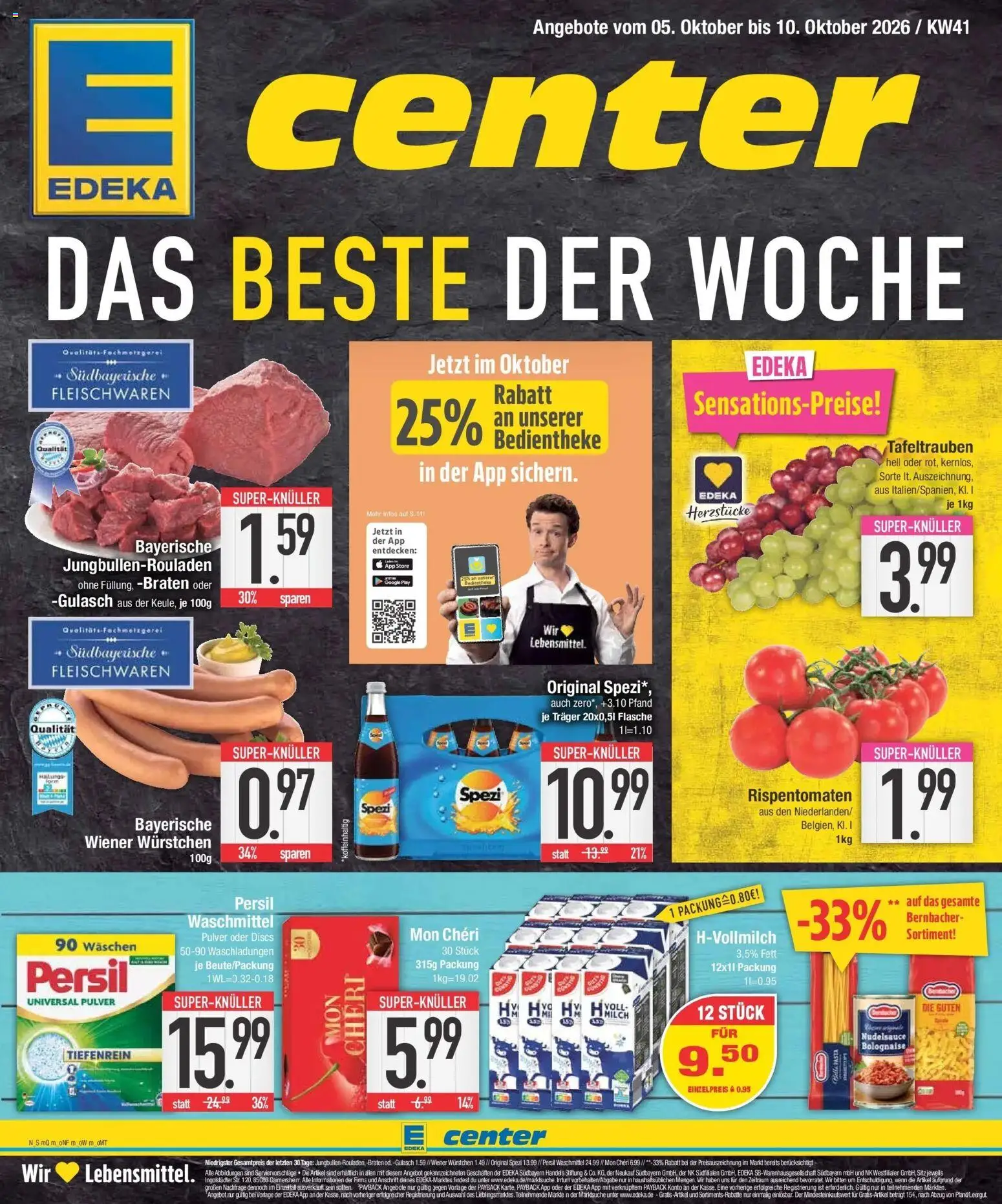 E center Prospekt Ottobrunn (ab 05.10.2026) zum Blättern | Seite: 1 | Produkte: Wiener wurstchen, Waschmittel, Persil, Mon cheri