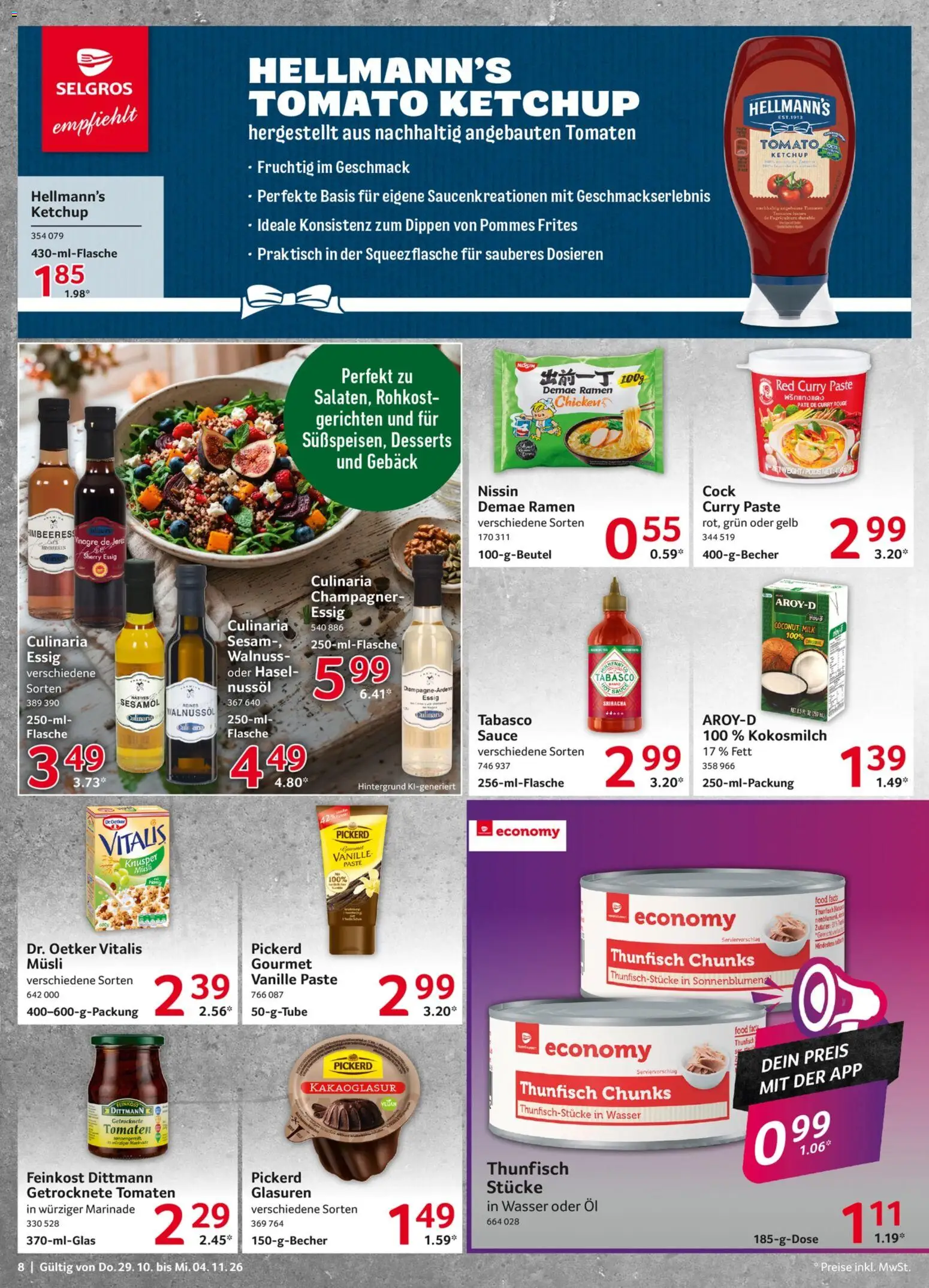 Selgros Prospekt – gültig ab 29.10.2026 | Seite: 8 | Produkte: Musli, Thunfisch, Essig, Pommes