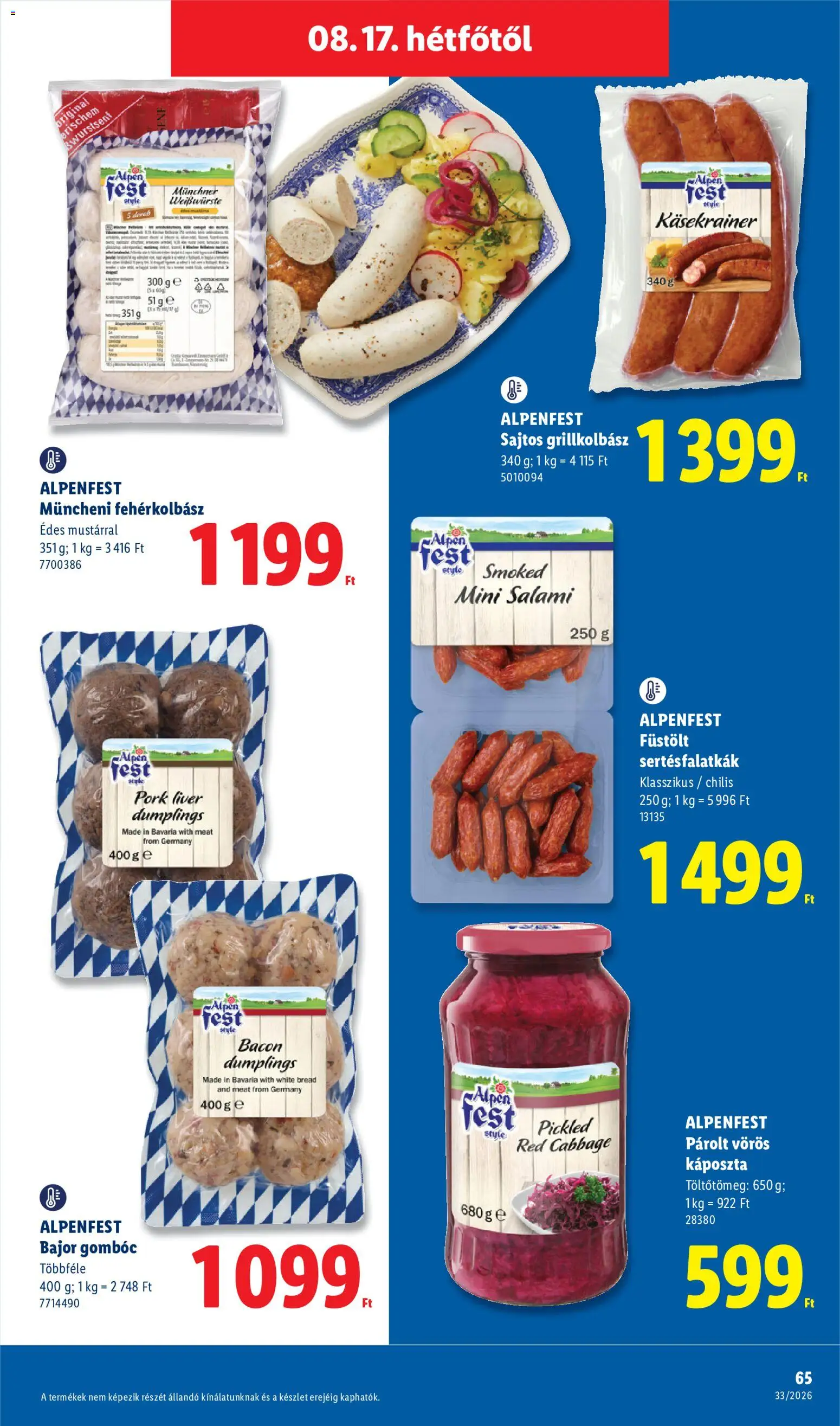 Lidl akciós ujság - amely érvényes a következő dátumtól: 2026.08.13. | Oldal: 65 | Termékek: Káposzta, Grillkolbász, Bacon, Gombóc