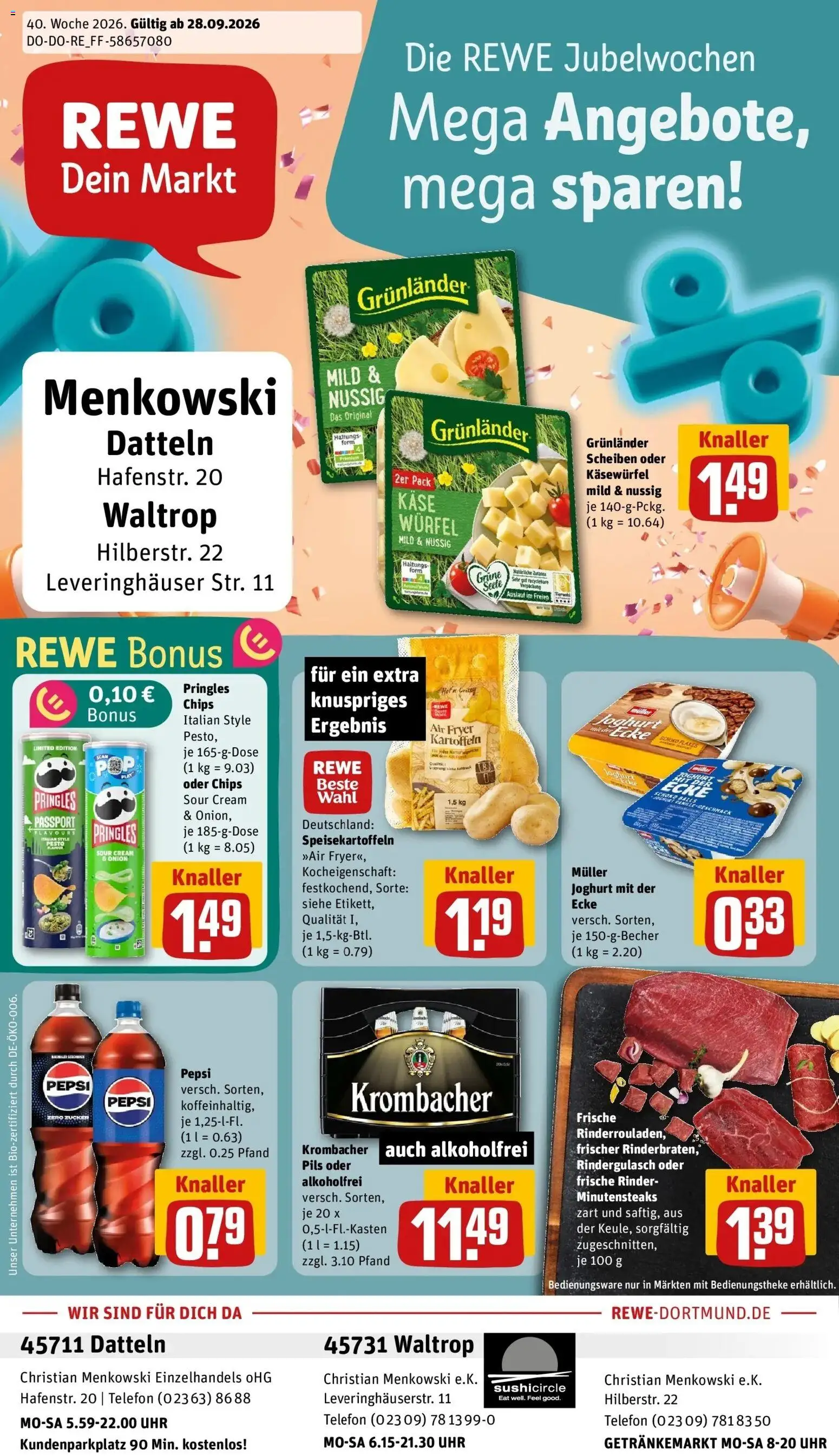 REWE Prospekt ab 28.09.2026 zum Blättern » Angebote | Seite: 1 | Produkte: Pils, Grunlander, Krombacher, Chips