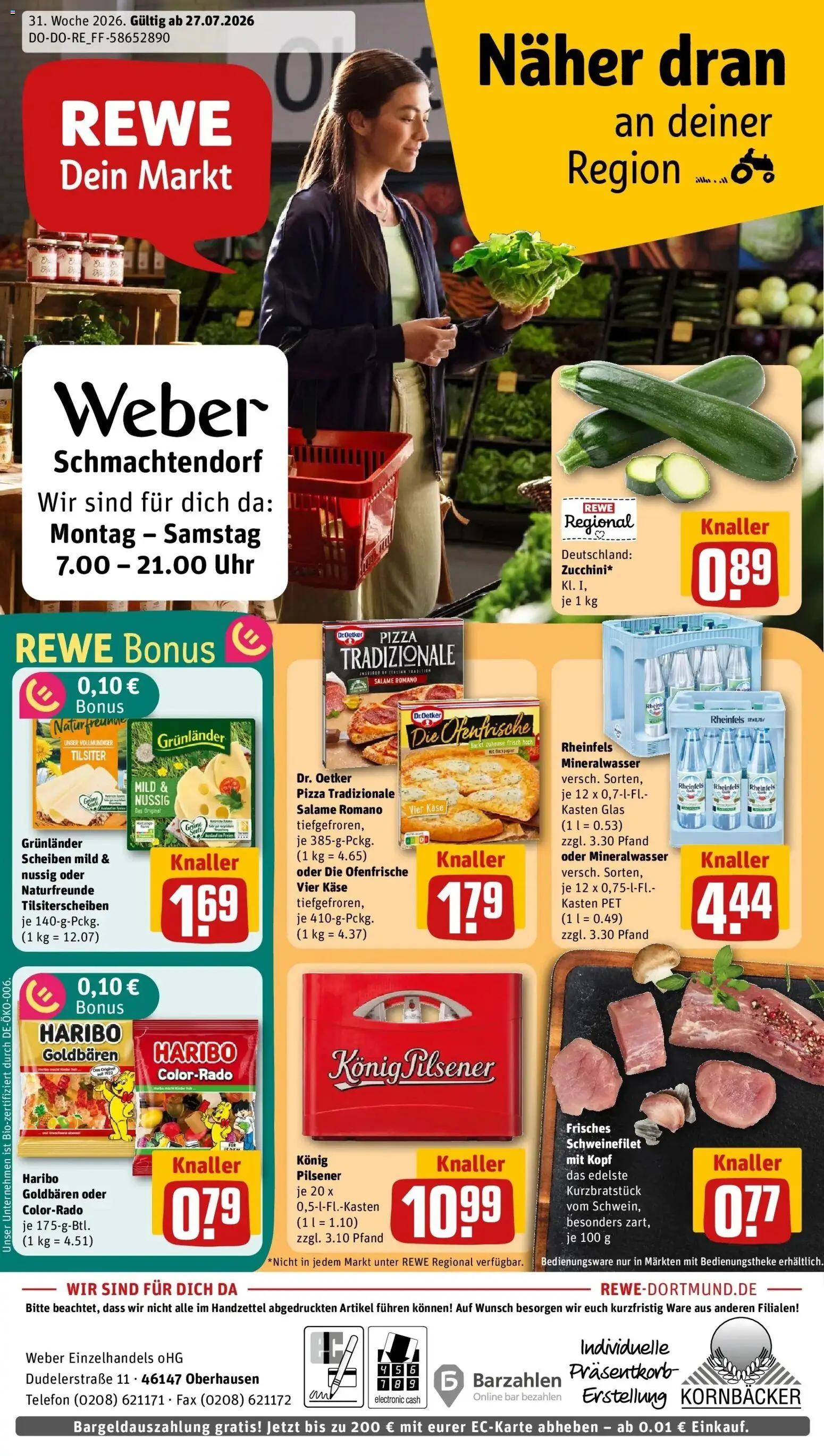 Rewe Prospekt Oberhausen – gültig ab 27.07.2026 | Seite: 1 | Produkte: Käse, Ofenfrische, Grunlander, Pizza