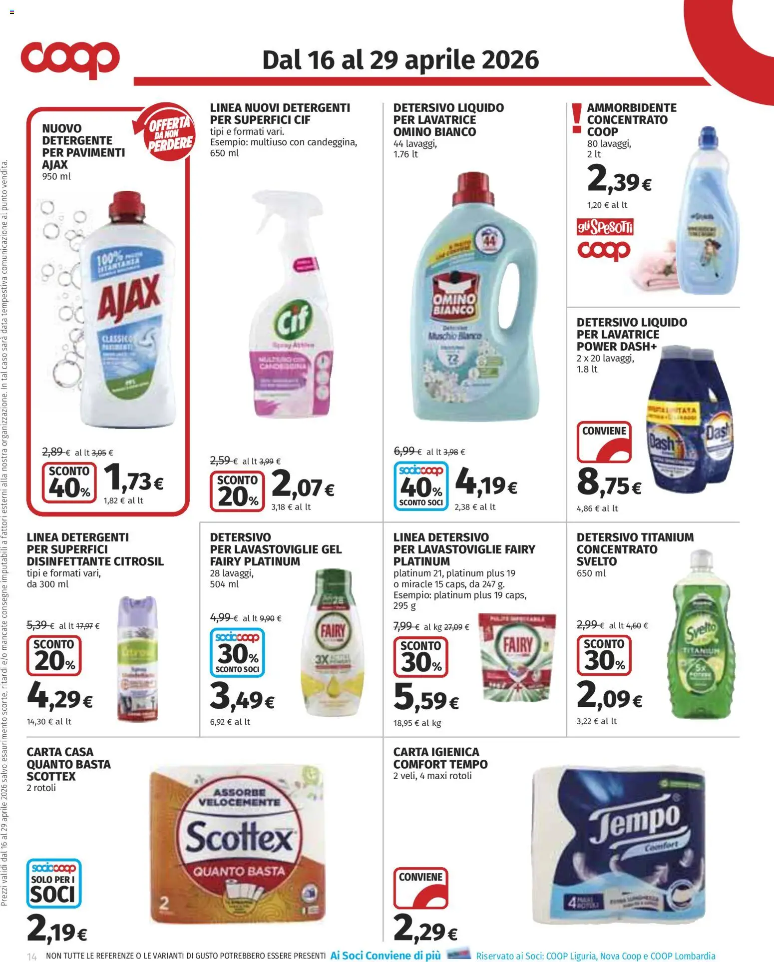 Volantino COOP del 16.04.2026 | Pagina: 14 | Prodotti: Carta igienica, Ammorbidente, Detergente, Lavastoviglie