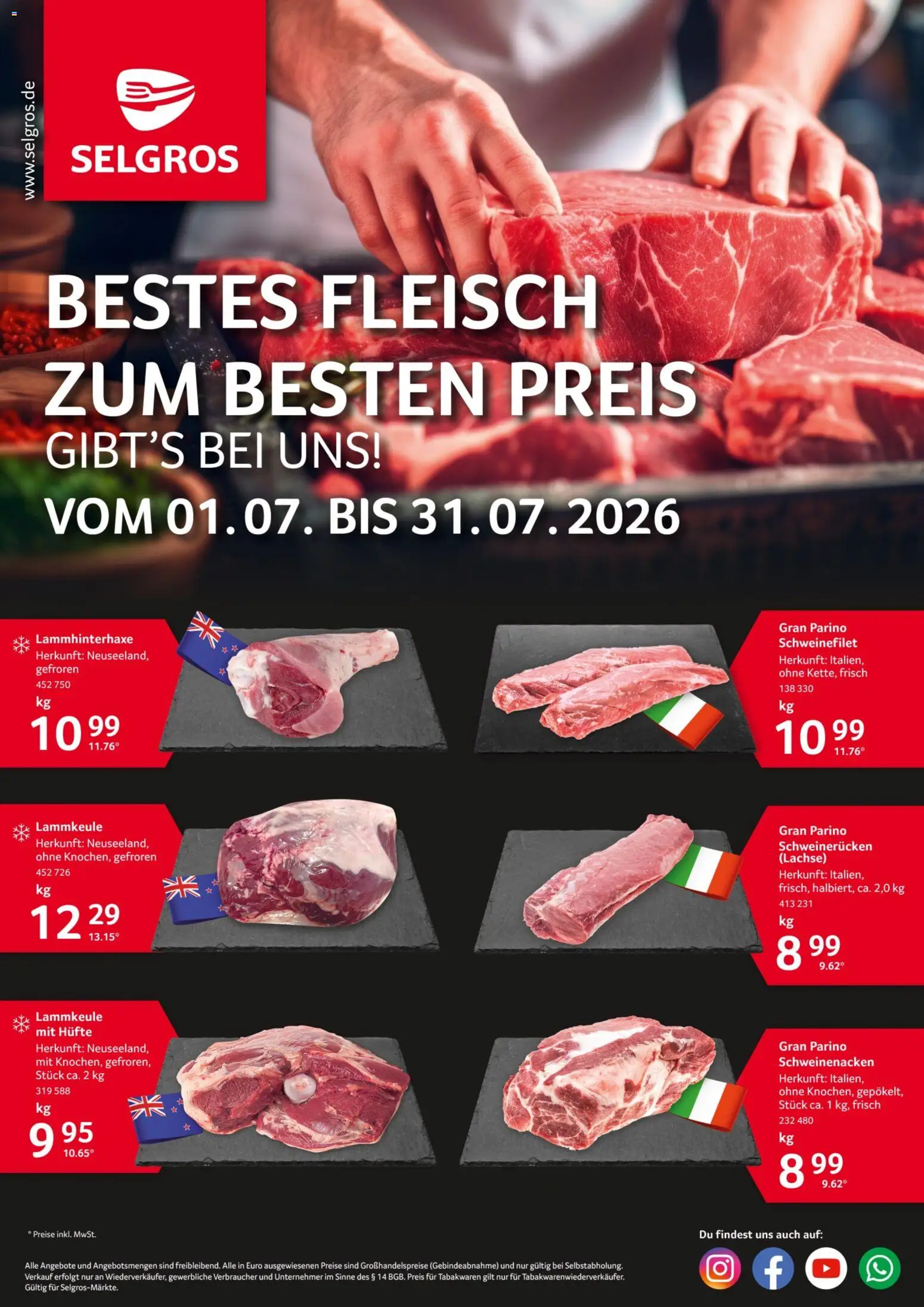 Selgros Fleisch – gültig ab 01.07.2026 | Seite: 1 | Produkte: Lammkeule, Schweinenacken, Schweinefilet, Schweinerucken