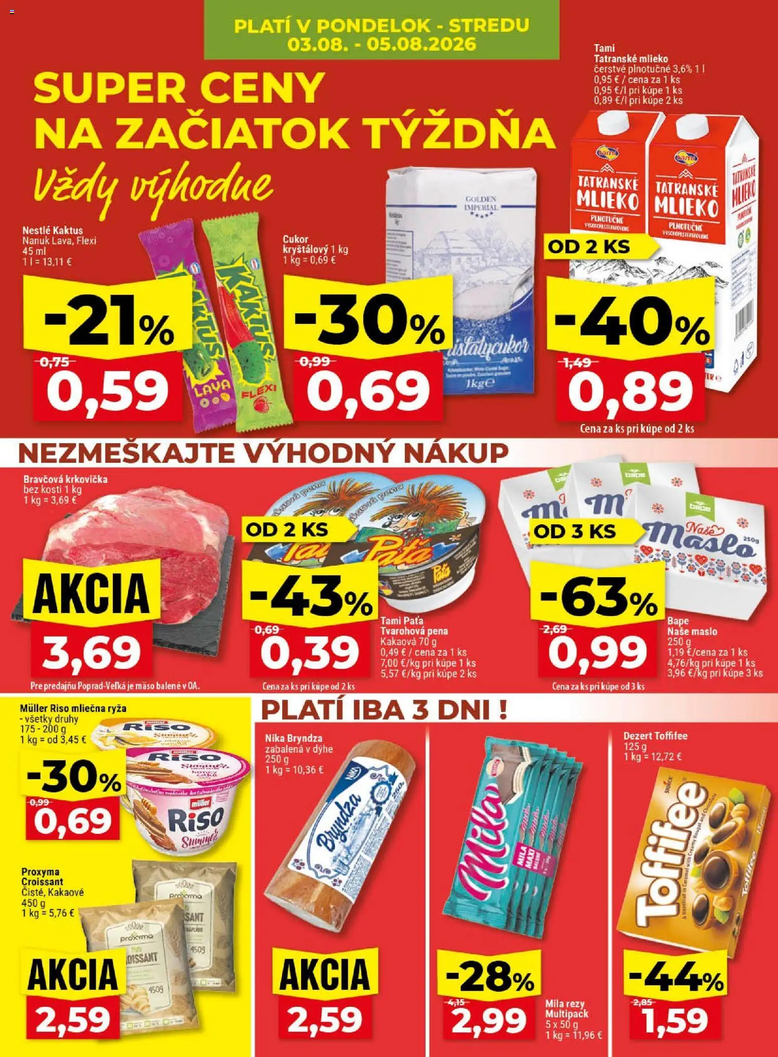 Nové Klas akcie – leták je platný od 03.08.2026 | Strana: 4 | Produkty: Maslo, Bravčová krkovička, Krkovička, Cukor