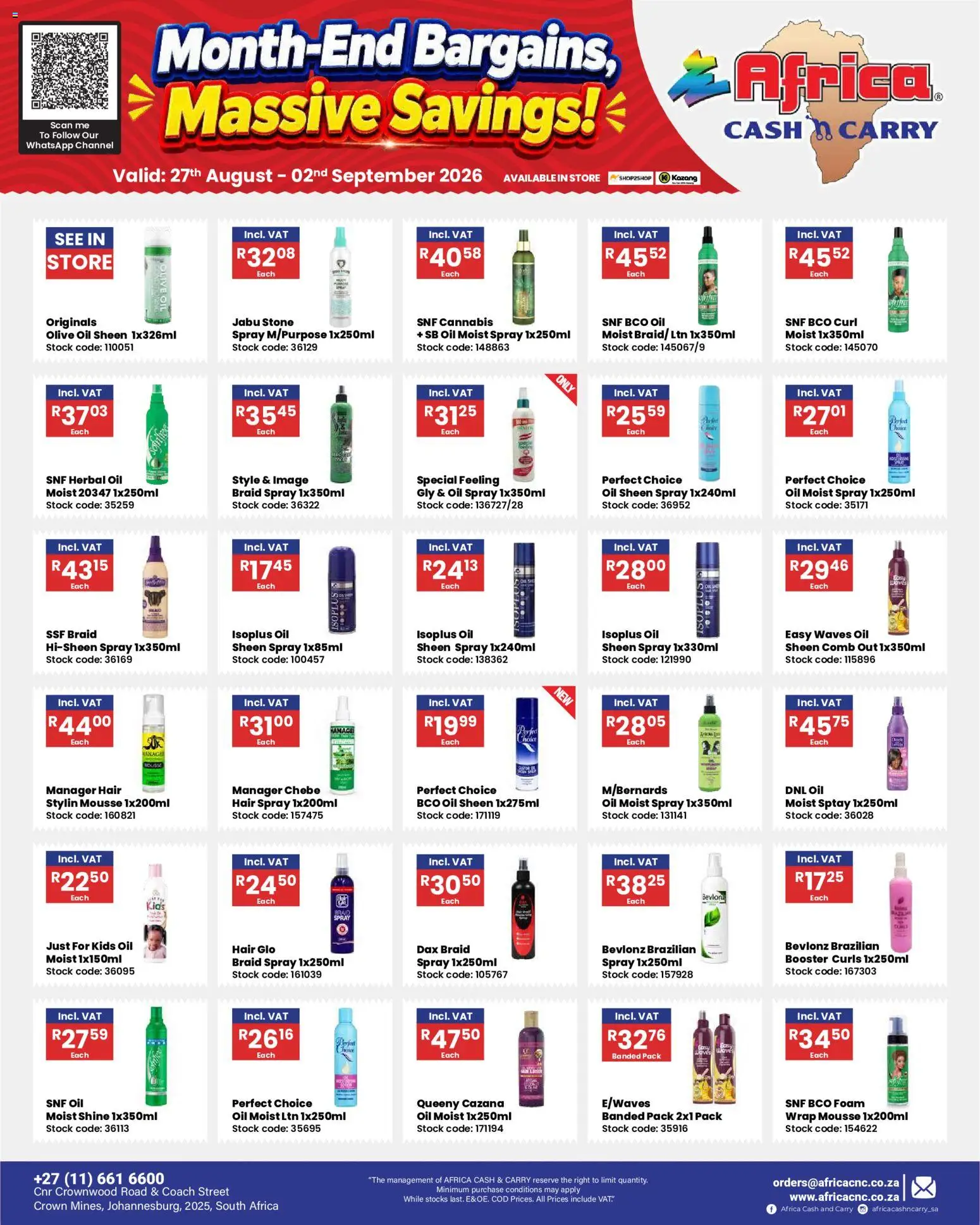 New Africa Cash & Carry catalogue – valid from 27/08/2026 | Page: 1 | Products: Oil, Hair spray, Stock, Foam