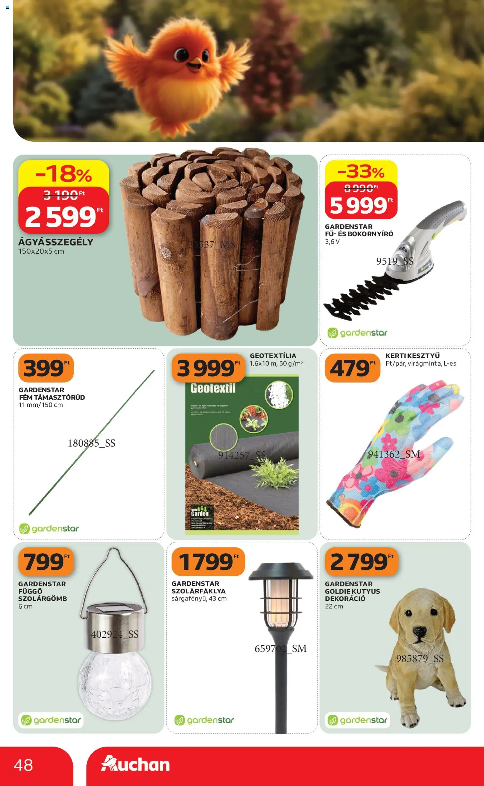 Auchan akciós ujság - amely érvényes a következő dátumtól: 21.05.2026 | Oldal: 48 | Termékek: Kesztyű, Ágyásszegély, Geotextil, Dekoráció