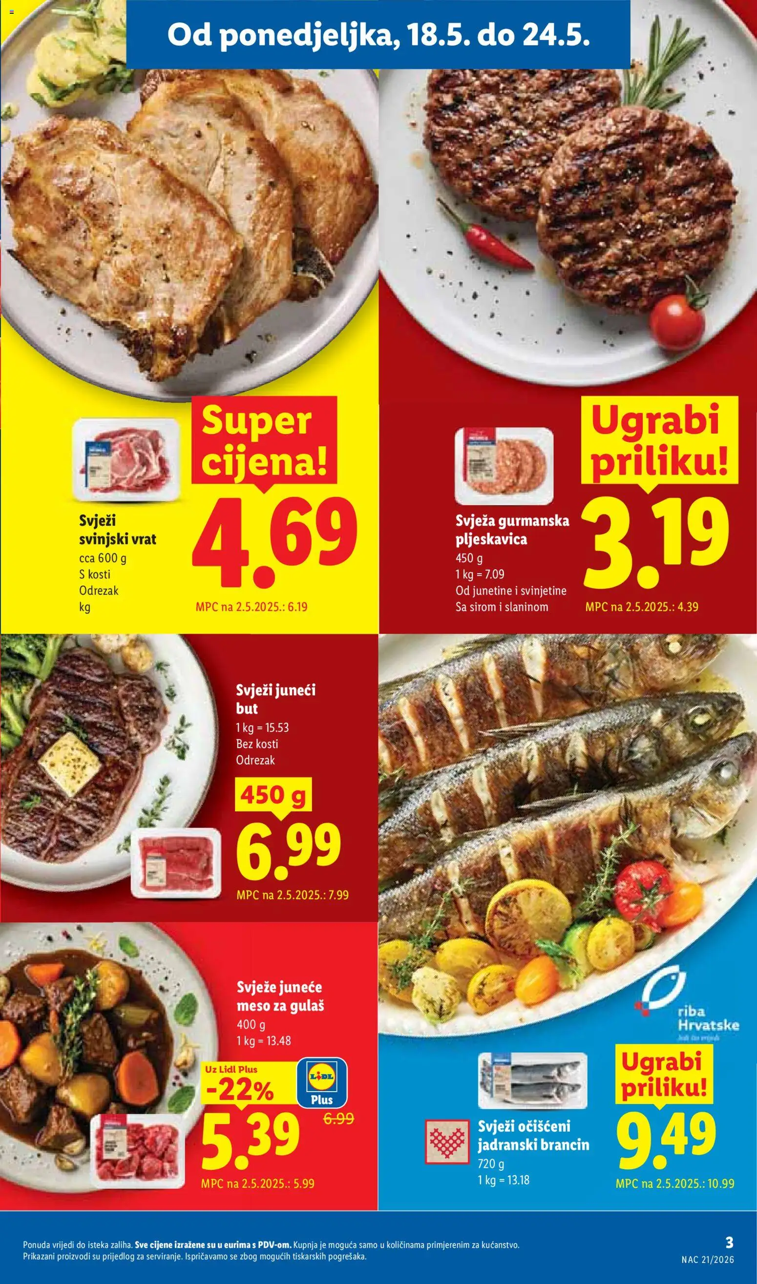 Lidl katalog | vrijedi od 18.05.2026 | Stranica: 3 | Proizvodi: Svinjski vrat, Meso, Riba, Brancin