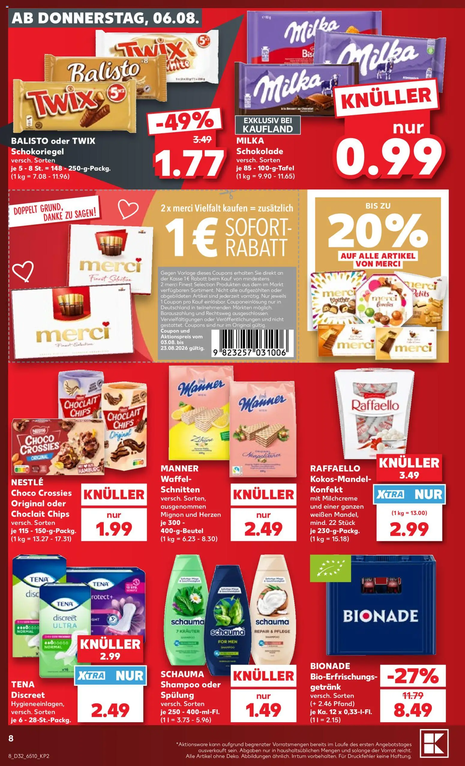 Kaufland Německo leták - Köln od 06.08.2026 | Strana: 8 | Produkty: Milka, Finest, Twix, Merci