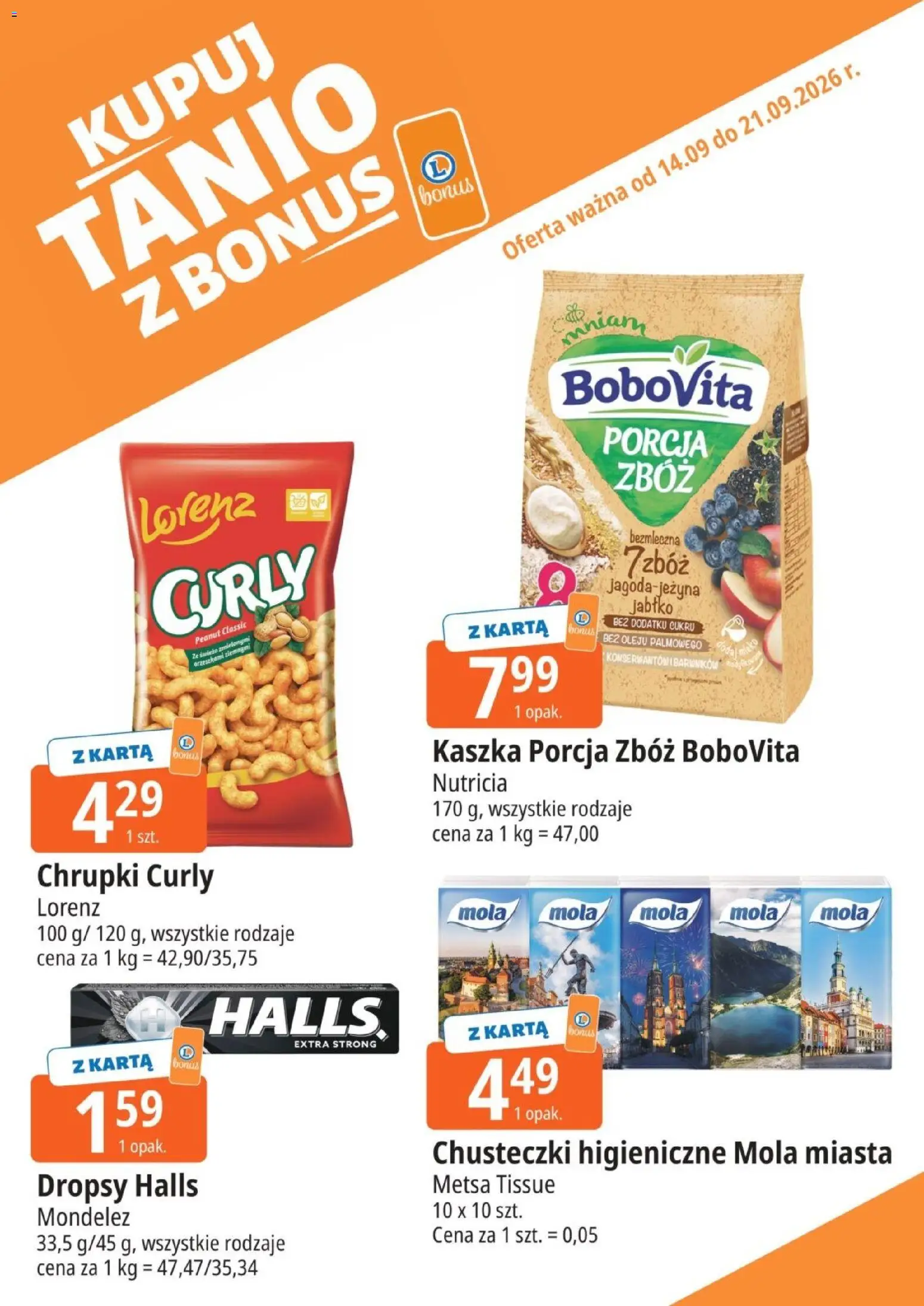 E.Leclerc gazetka - Kupuj Tanio Z Bonus od 14.09.2026 | Strona: 1 | Produkty: Karta, Chusteczki, Chrupki, Chusteczki higieniczne