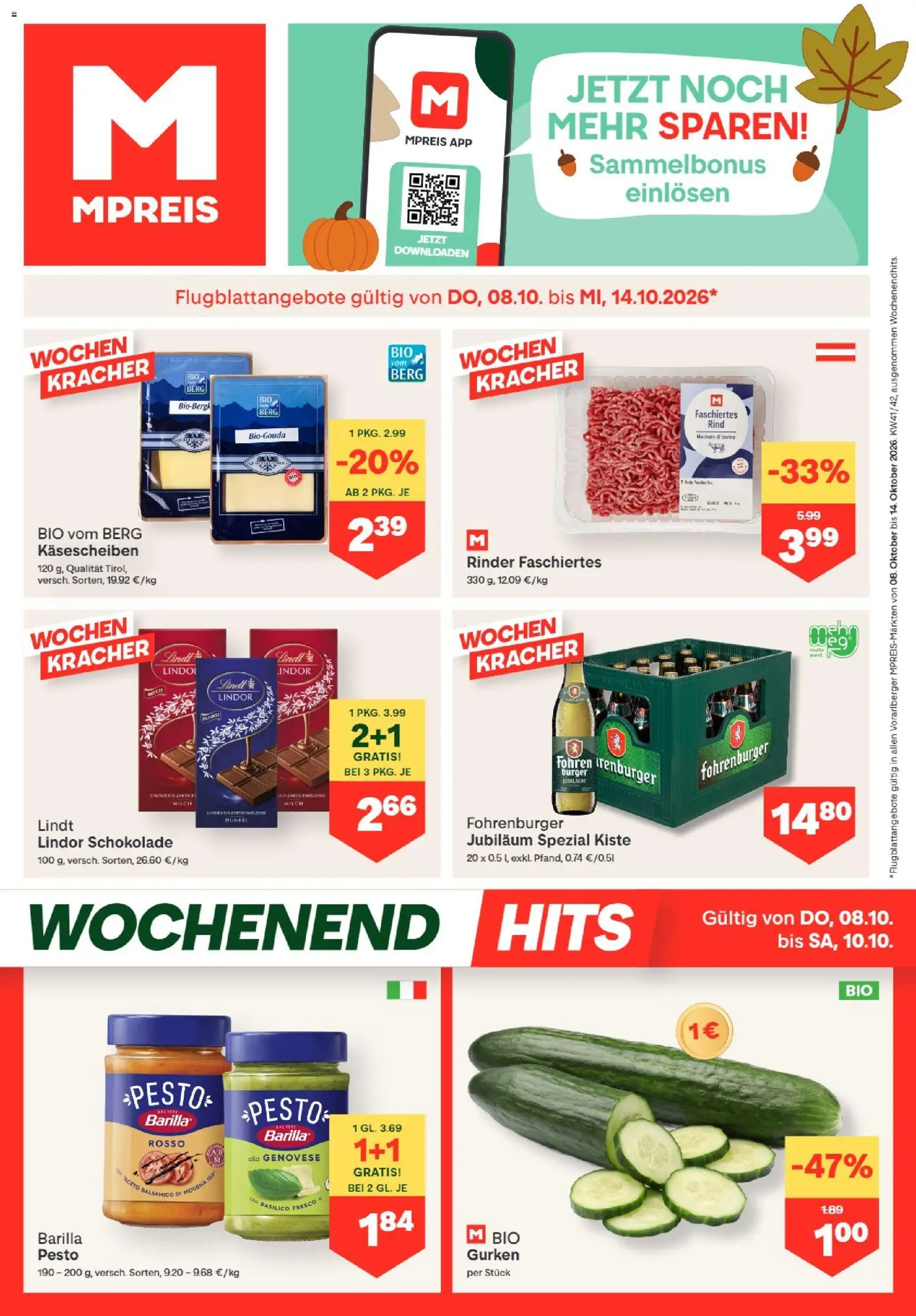 MPREIS Hohenems gültig ab 08.10.2026 | Seite: 1 | Produkte: Gurken, Burger, Barilla, Milch