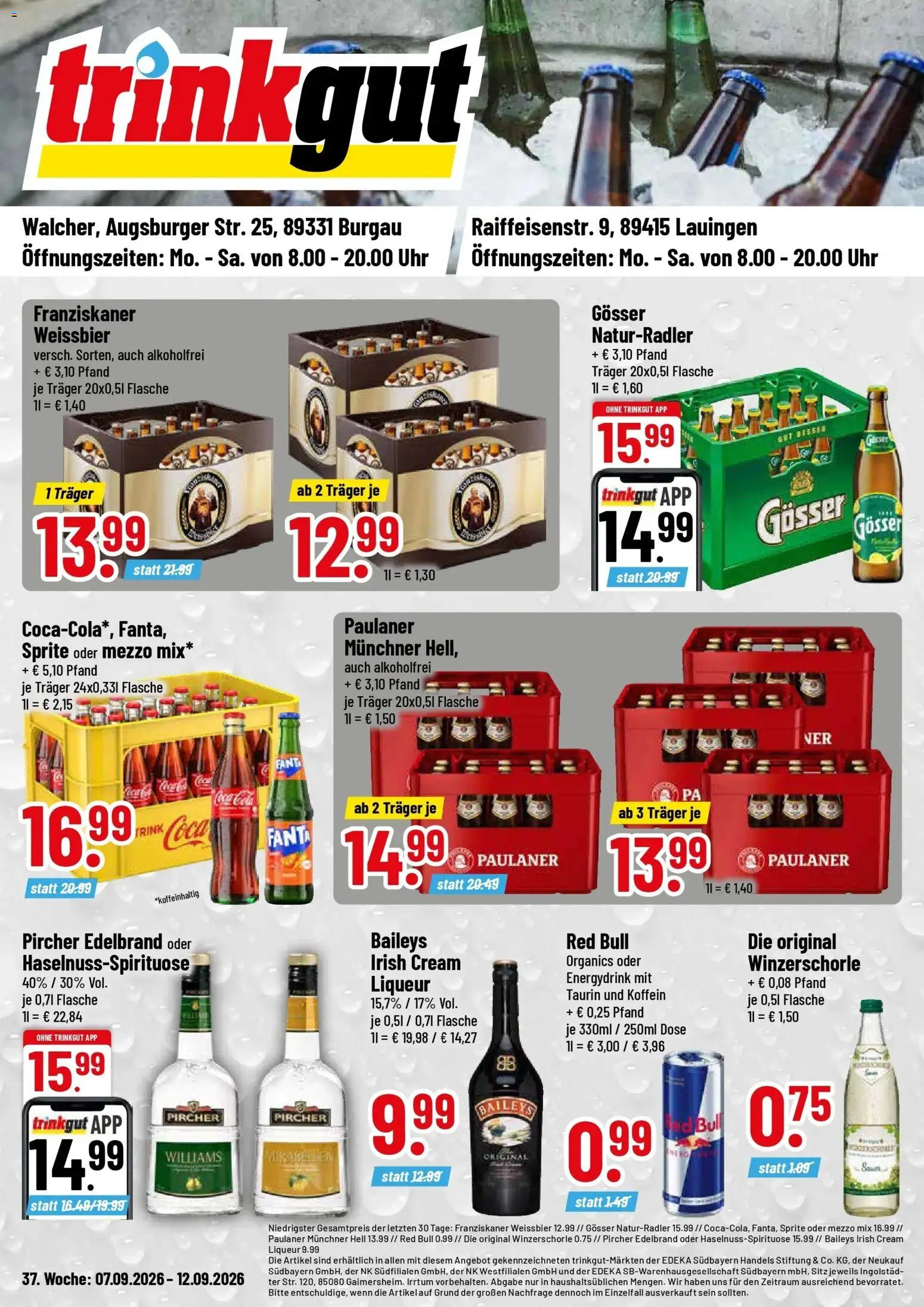 Trinkgut Prospekt Lauingen (ab 07.09.2026) » Angebote online | Seite: 1 | Produkte: Baileys, Oder mezzo mix, Uhr, Paulaner